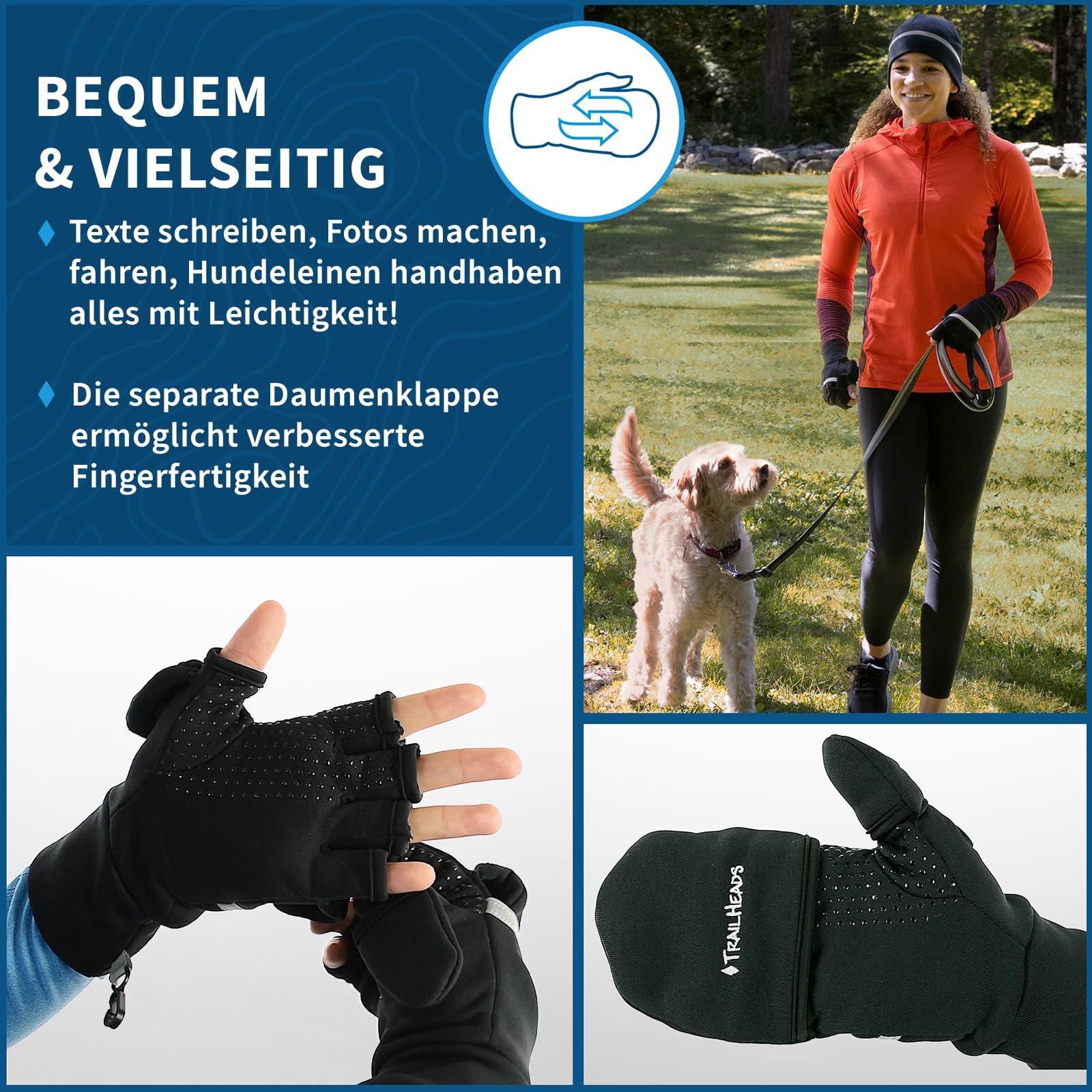 TrailHeads Trainingshandschuhe Wandelbar mit Powerstretch - Fingerlose Handschuhe für Damen - Wintersport- und Fahrradhandschuhe Damen