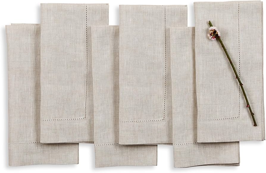 Solino Home Light Natural Linen Napkins Set of 6-100% Pure Linen Hemstitch Dinner Napkins 20 x 20 Inch for Fall, Autumn, Thanksgiving, Christmas, Holiday - Classic Hemstitch