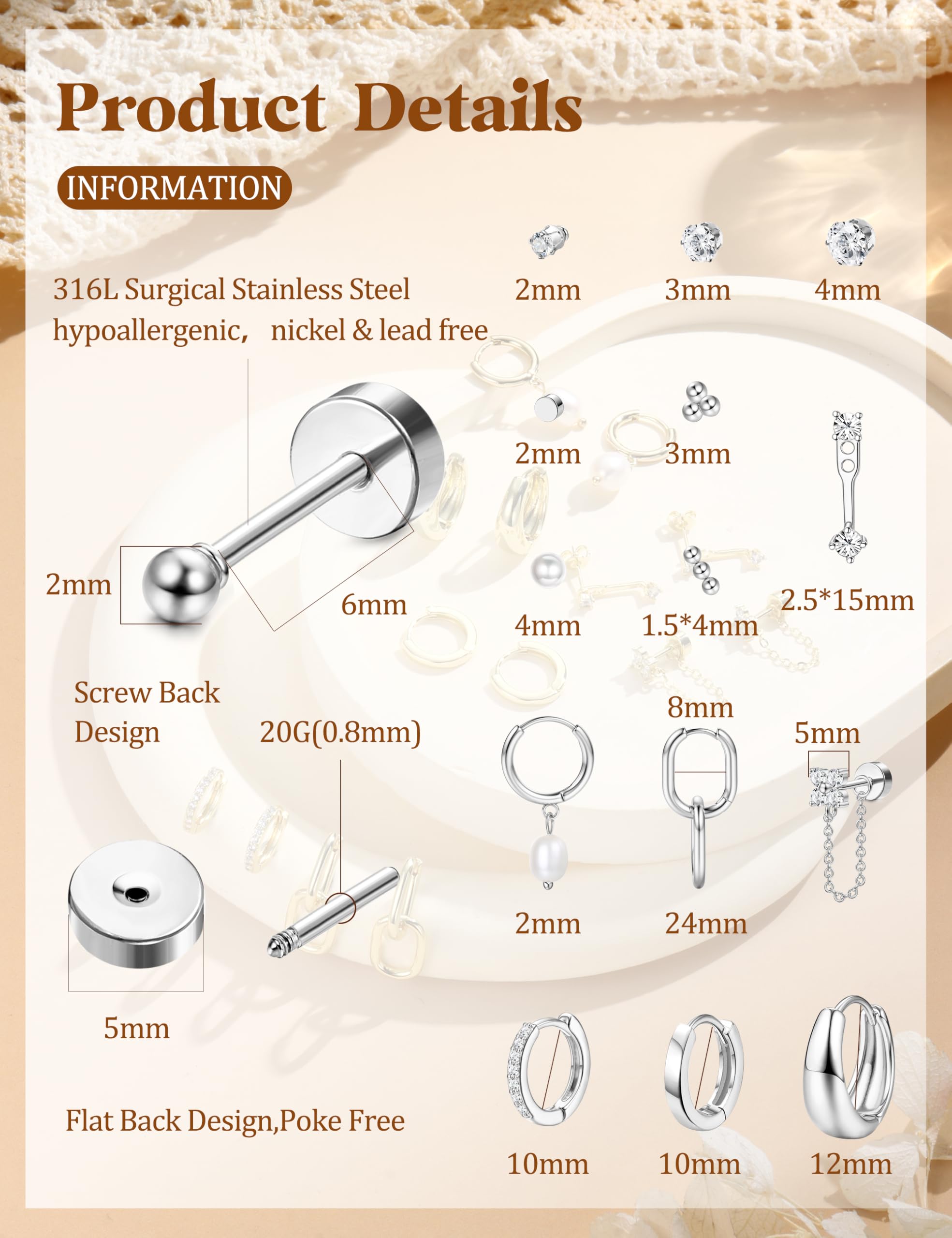 15 par kolczyki z płaskim tyłem dla kobiet stal chirurgiczna 316L złote/srebrne kolczyki sztyfty hipoalergiczne kolczyki na chrząstkę Sleeper Huggie Hoop kolczyki biżuteria do przekłucia tragus