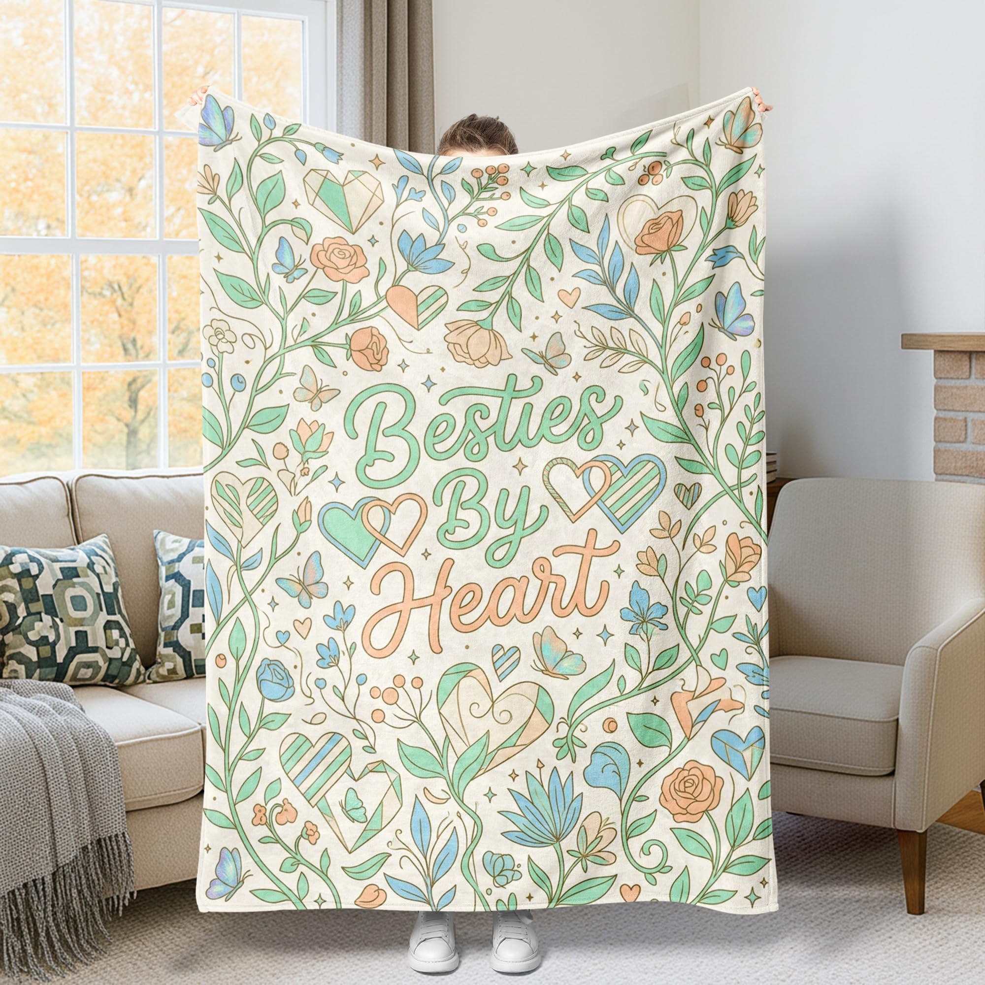 Couverture en flanelle haut de gamme vert pastel, jeté de lit motif fleurs 152 x 203 cm