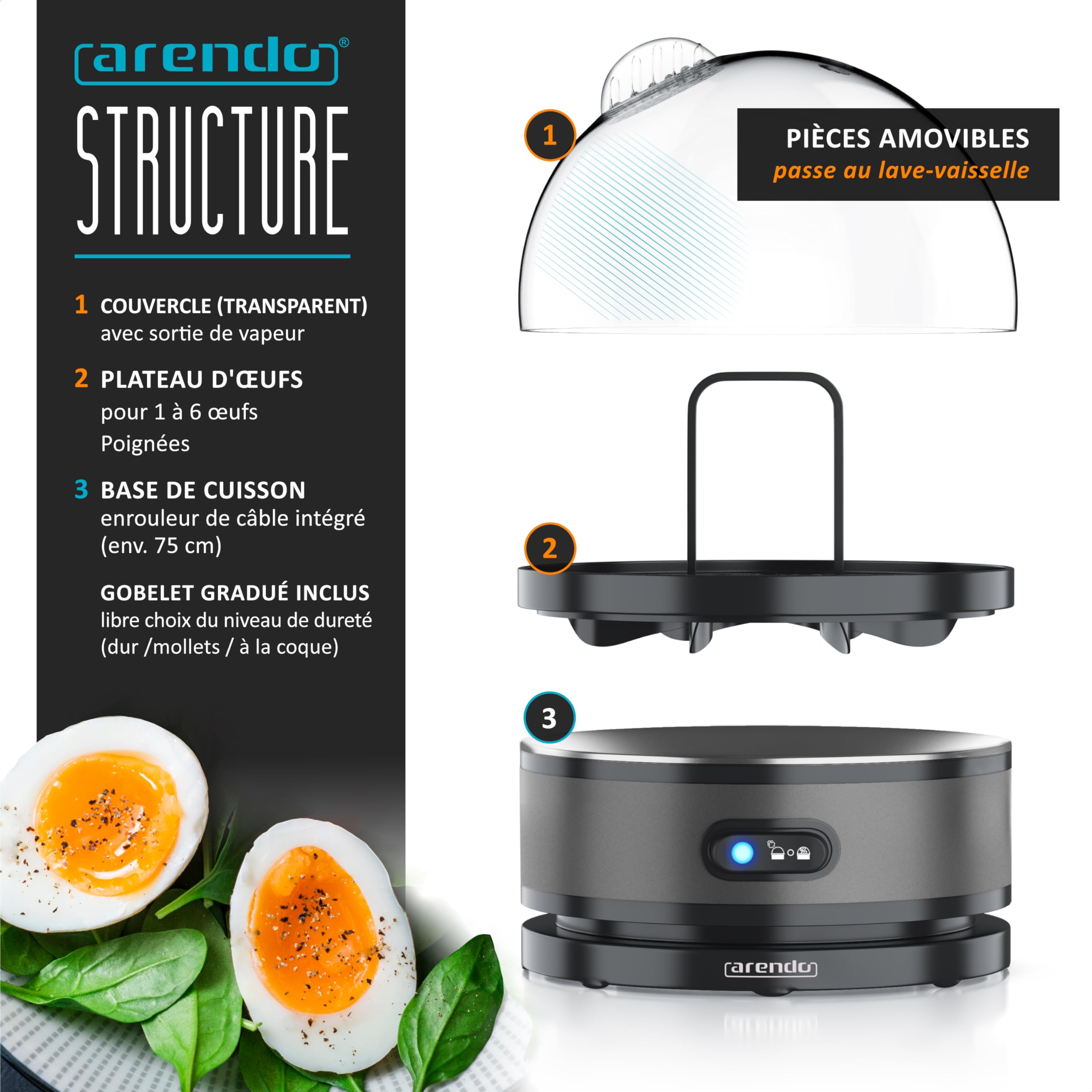 Arendo Ensemble Bouilloire Grille-Pain Cuiseur à Œufs Inox 1,5L 40°-100°C Toaster 4 Tranches LED 6 Niveaux Cool grey