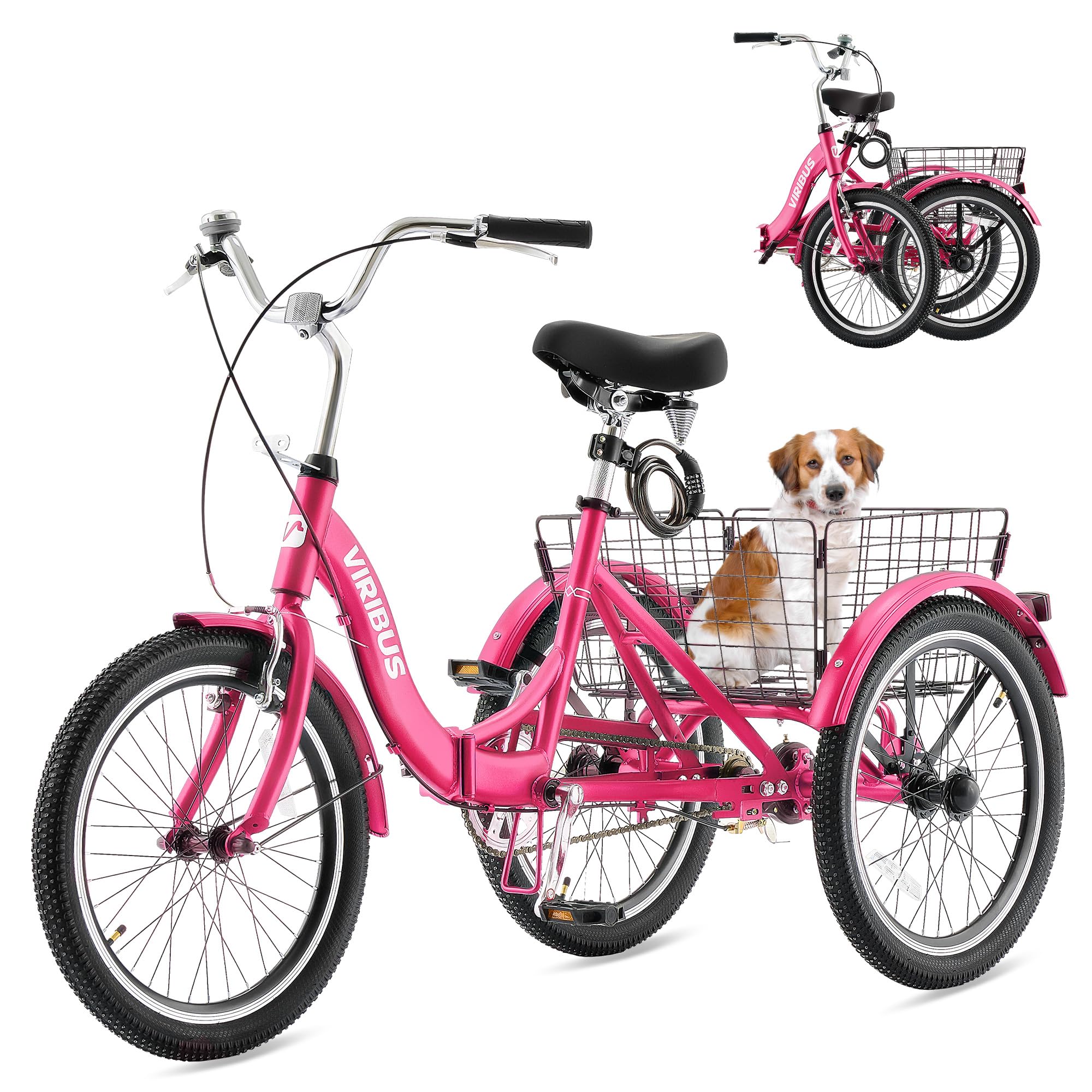 Viribus Folding Adult Tricycle, 20 inch Folding Tricycle for Adults with Lock, 7 Speed 3 Wheel Bike, Foldable Trike Collapsible Three Wheel Bike for Men Women Senior, 330lb.