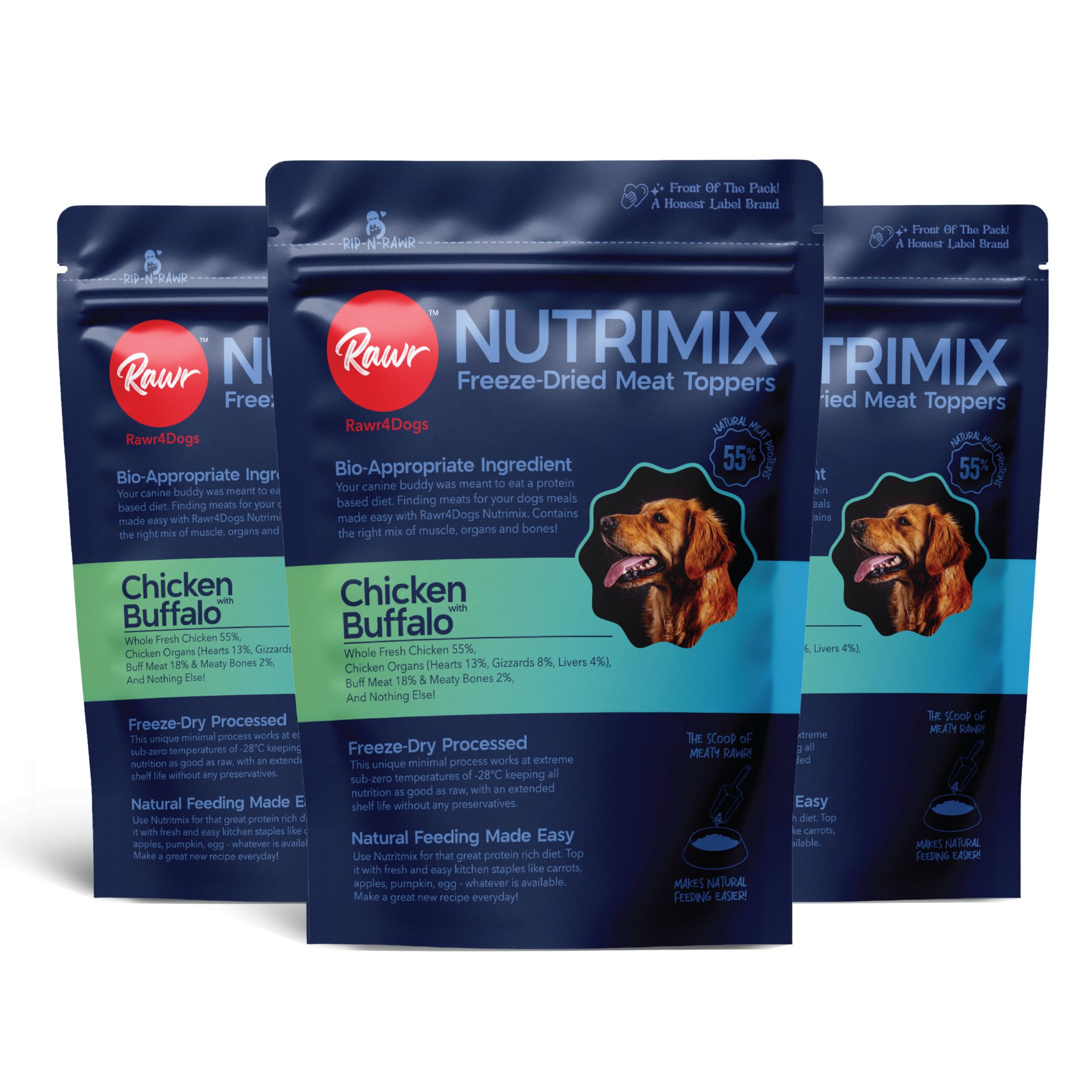 Rawr4Dogs | Nutrimix | Freeze-Dried Meat Toppers | Chicken & Buffalo | Home Meals Made Easier or as Great Taste Topper on Dry Dog Food | No preservatives | 75gms X Pack of 3 | 3X by Adding Water