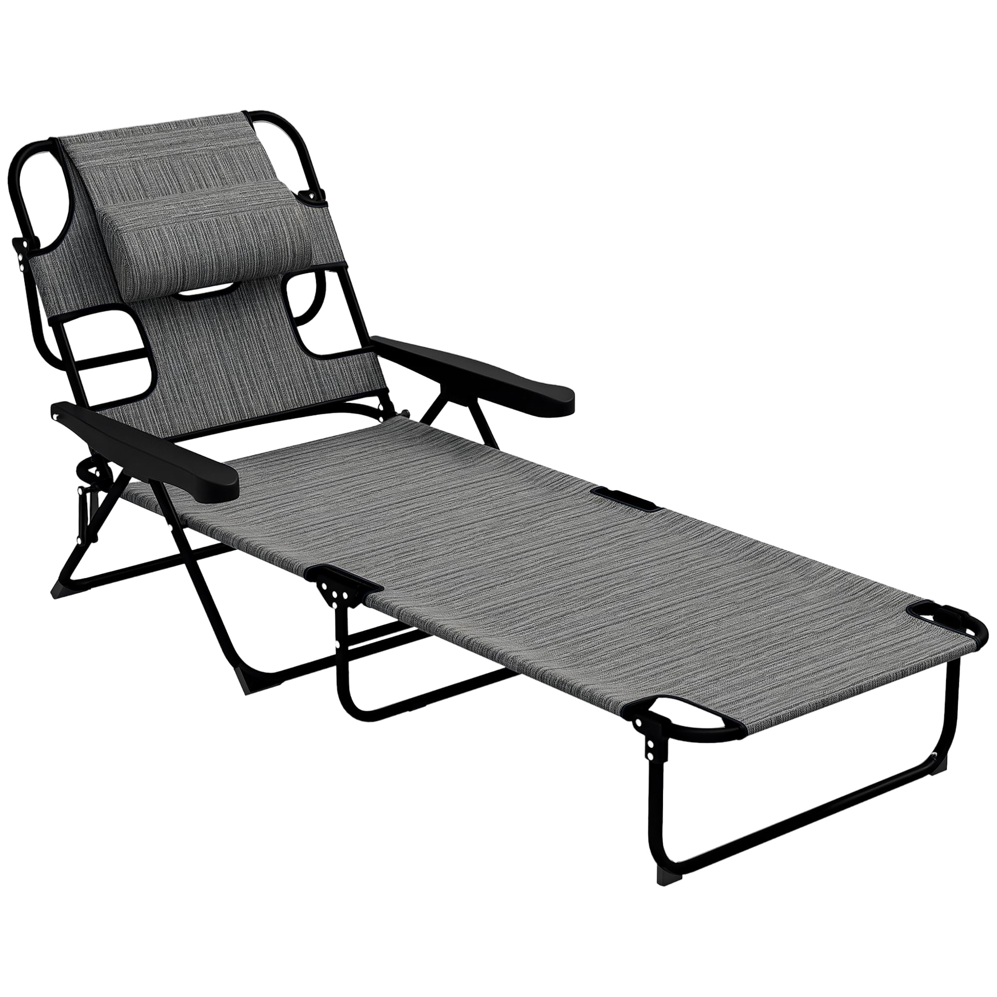 Outsunny Folding Sun Lounger Garden Lounger with Adjustable Backrest in 4 Levels Reading Hole and Headrest for Terrace Pool 194 x 72 x 31 cm Grey