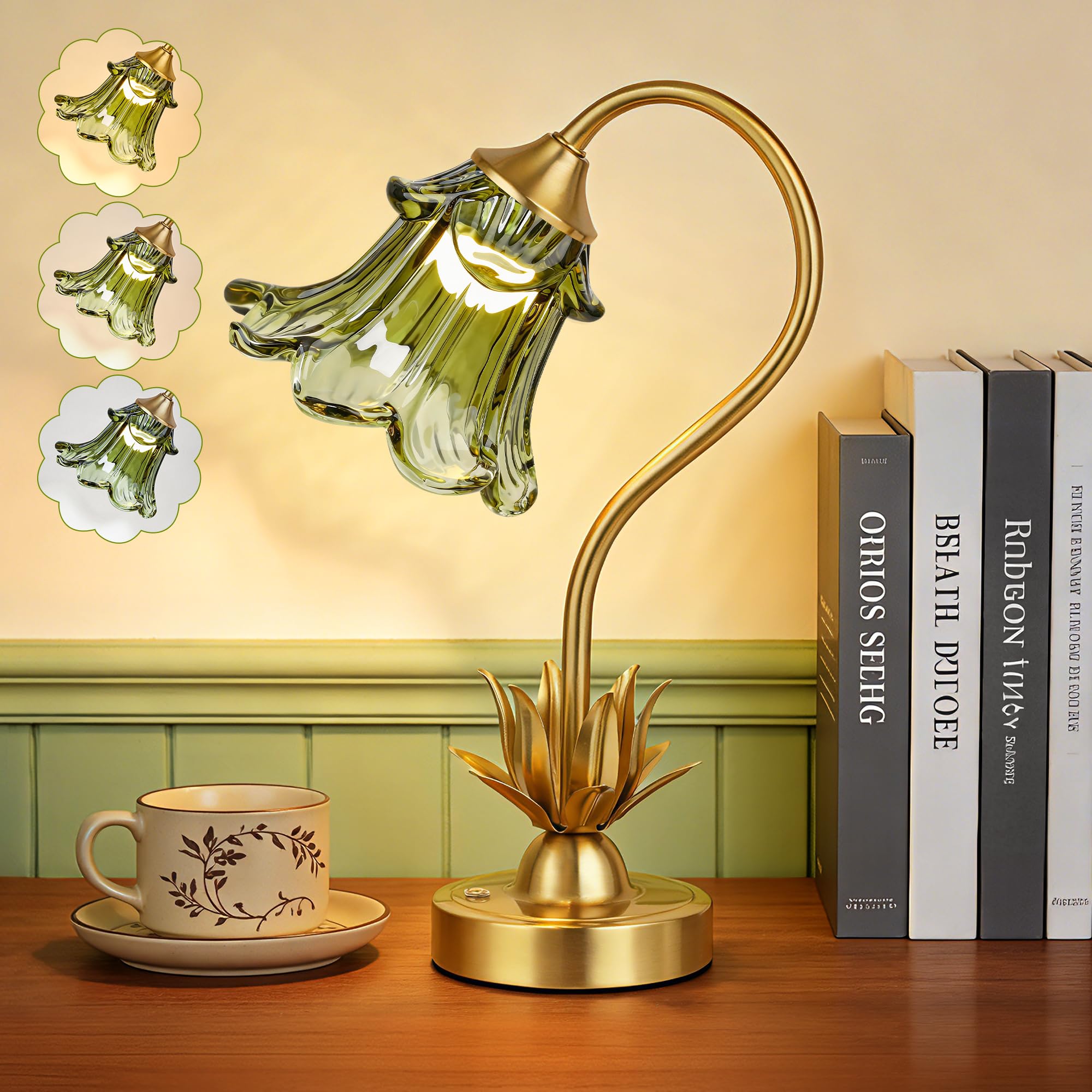 PARTPHONER Lámpara de mesa inalámbrica de flores con pantalla de cristal, batería recargable de 5200 mAh, control táctil regulable de 3 colores, lámpara de escritorio portátil para mesita de noche