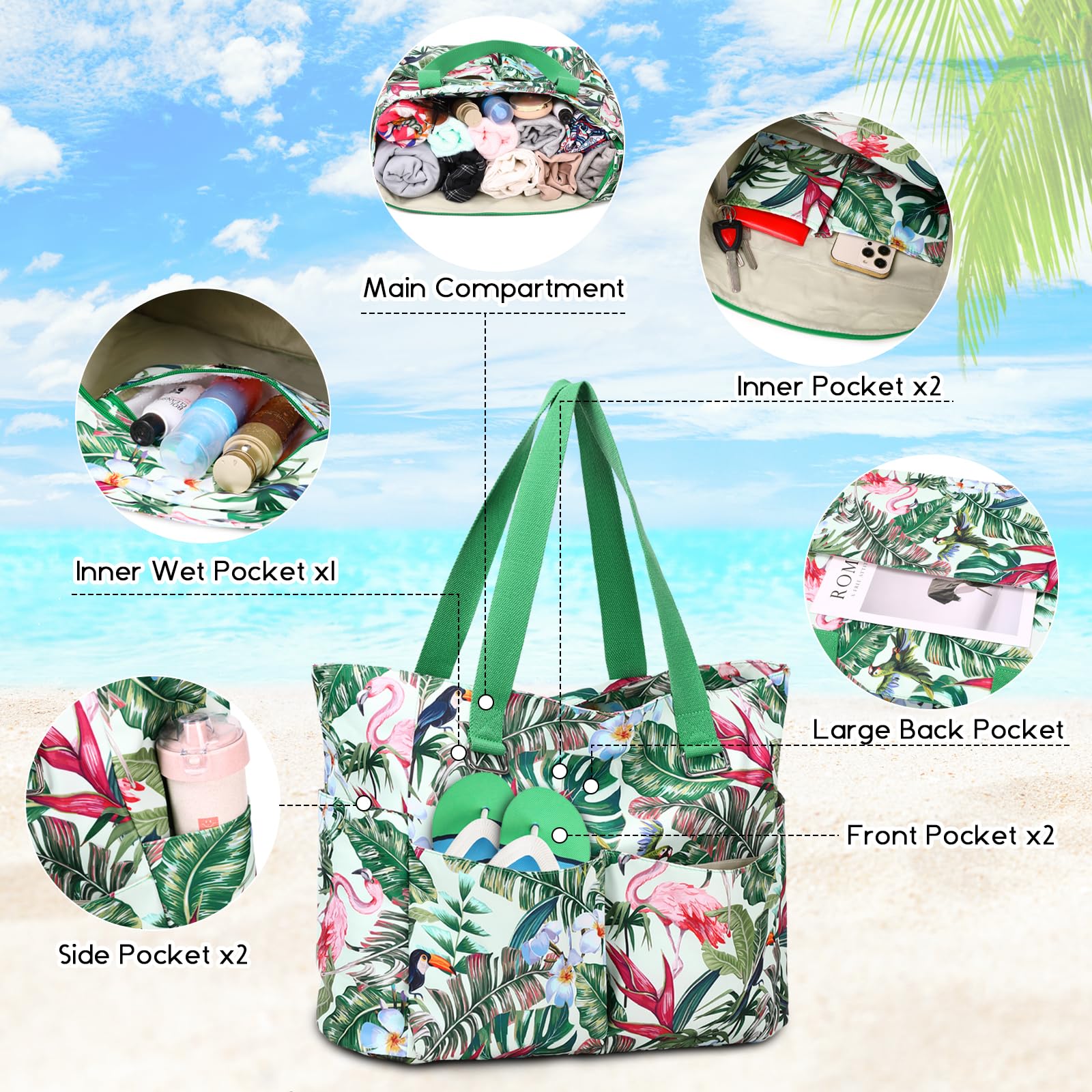 Myhozee Borsa Mare Donna Grande - Borsa da Spiaggia Danna XXL Famiglia Impermeabile Borse da Mare Grandi Tote Bag Beach Bag con Cerniera Shopping Bag Borsa Estiva per Spiaggia Viaggio Piscina Vacanza