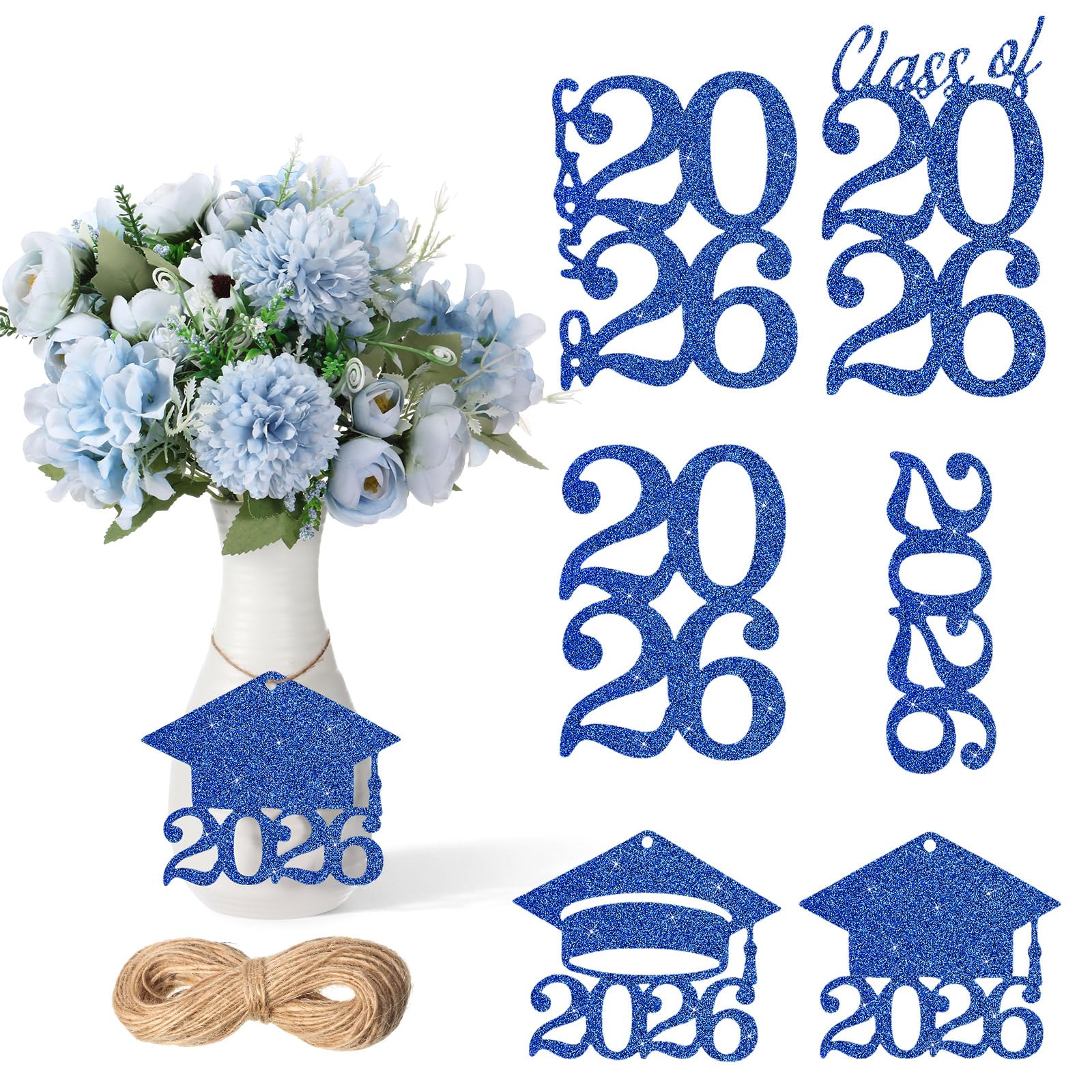 Photo 1 of Jutom 48 Pcs 6 Styles Glitter 2026 Cutouts Tags Graduation Decoration Class of 2026 Centerpiece with 708.6 Inch Rope Graduation Party Favor Grad Cap Tags Supplies(Blue)