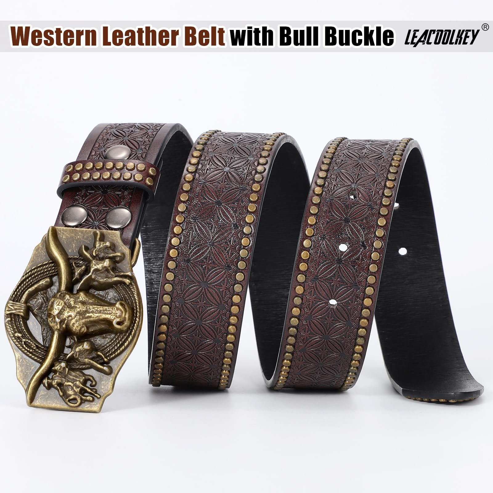 LEACOOLKEY Western Cowboy skórzany pasek dla mężczyzn i kobiet, kowbojka, western, kraj, męski pasek z klamrą, pasek do dżinsów, spodni