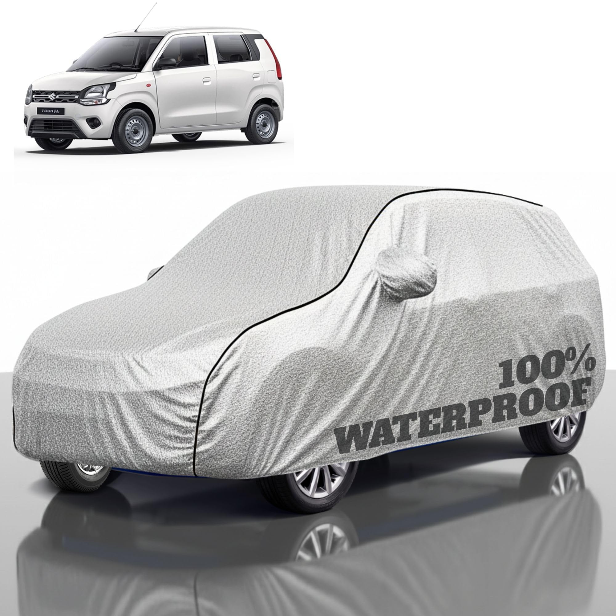 Premium Polyester Car Cover Wagon R All-Weather Protection from Rain, Dust &amp; Sun | UV Resistant Fabric | Full Body Secure Fit for Outdoor &amp; Indoor Parking Silver