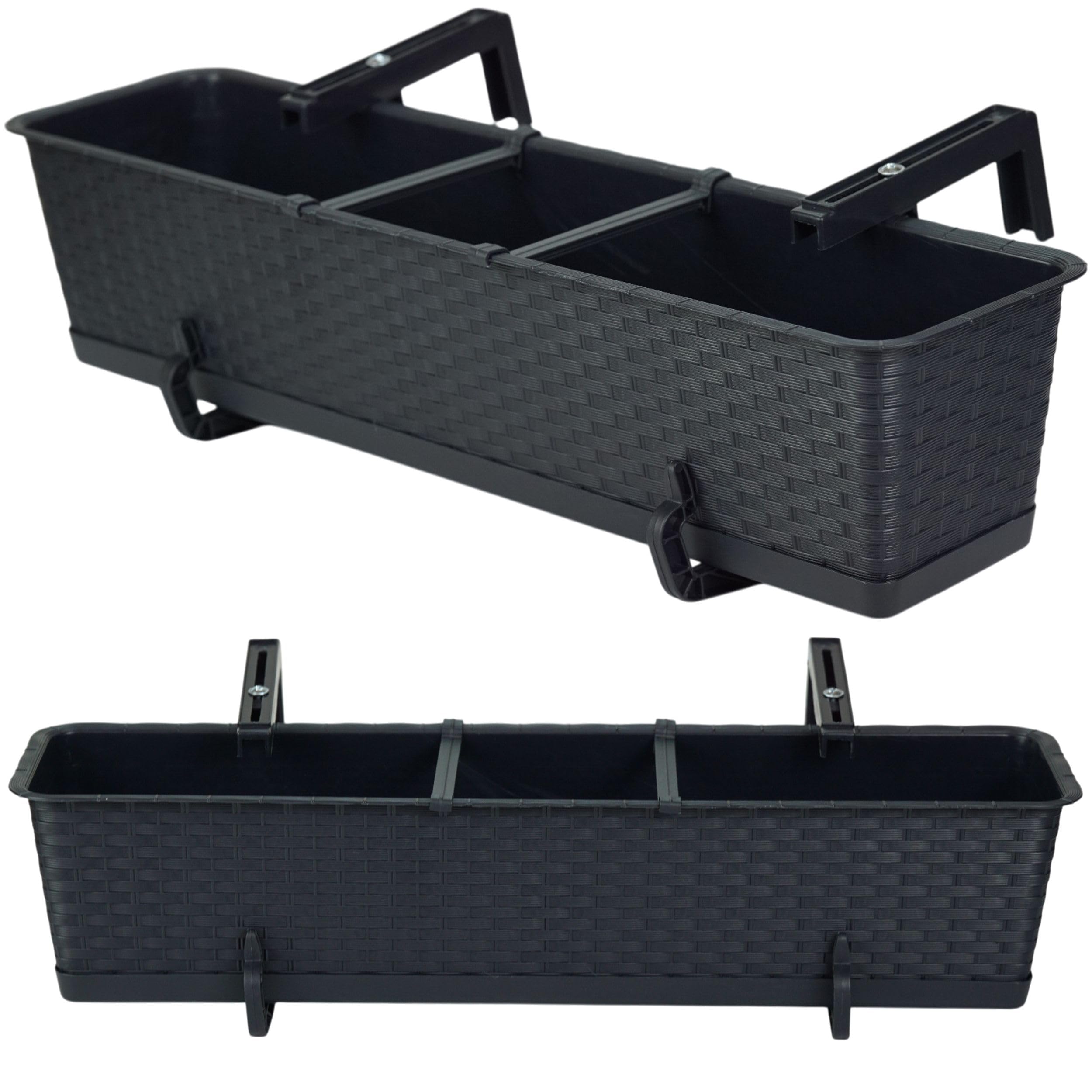 Blumenkasten Balkon Set 4 X 69 cm x 17 cm | Pflanzkasten wetterfest mit Untersetzer und Halterung | Balkonkasten in Rattanoptik für die stilvolle Bepflanzung von Terrasse und Balkon | Anthrazit