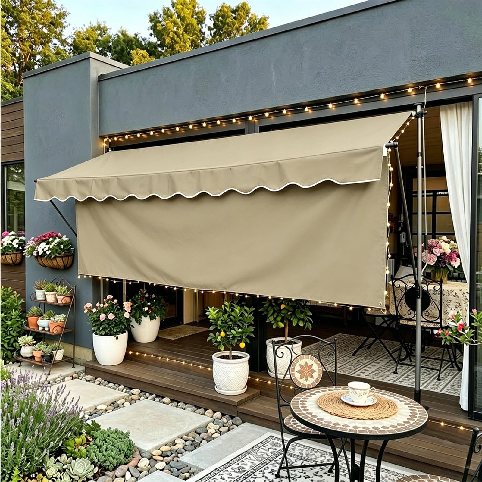Caqui,120 x 300 cm,Toldo Retráctil Manual Sin Taladro con Faldón Extra Largo 1m, Toldo Exterior Ajustable Protección Solar, Resistente Agua Protección UV, Estructura Aluminio para Patio