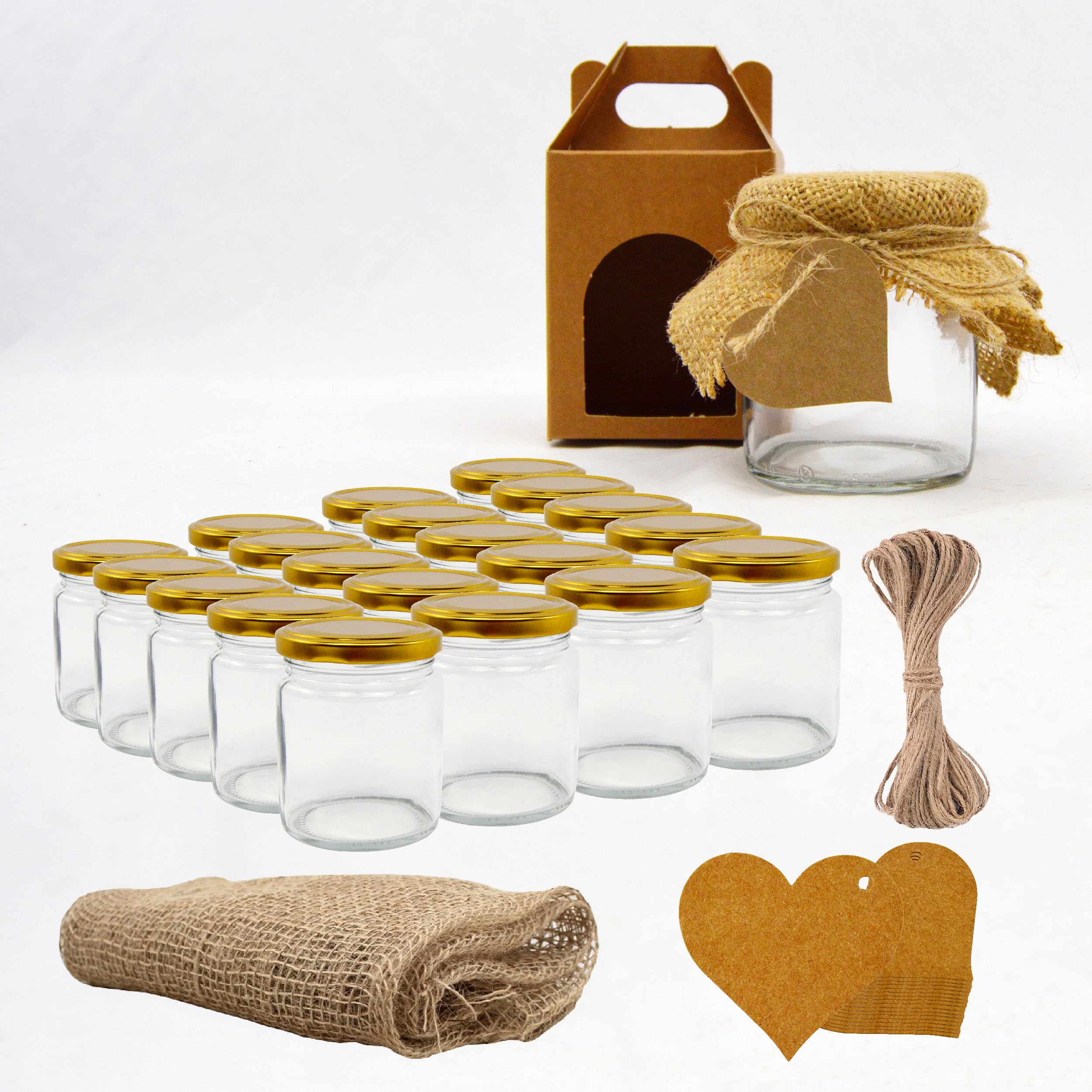 Espirito Rebelde 20 leere Glasdosen 250 ml mit Deckel + Dosen + Stoff + Jute-Schnur + Kraftetiketten | Konfitüren, Honig