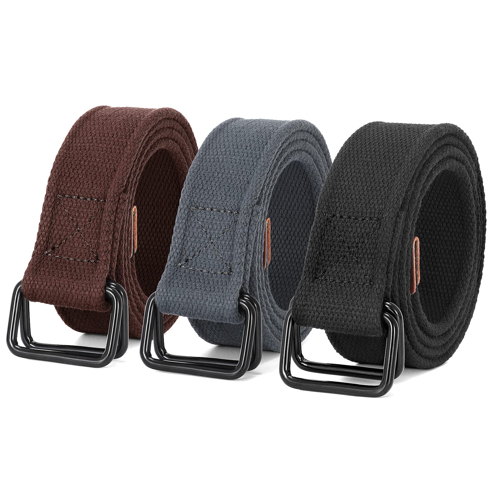 JASGOOD Men Canvas Fabric Belts Casual Web Cloth Belts with Black Double Ring Buckle 2 Pack
