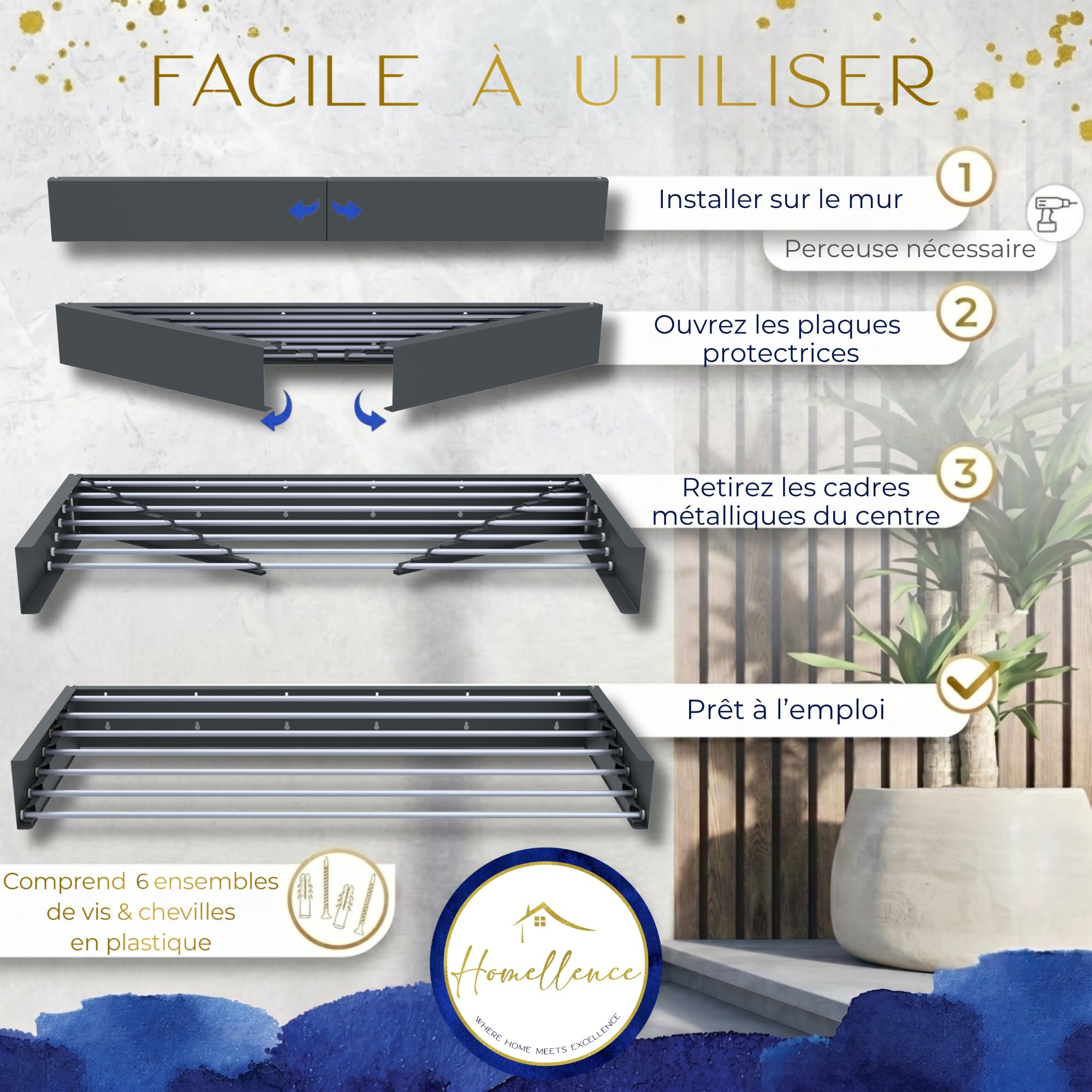 Homellence Étendoir à linge mural élégant - Étendoir mural pliant et rétractable - Étendoir mural escamotable gain de place - Étendoir mural rétractable (120 cm, Anthracite)