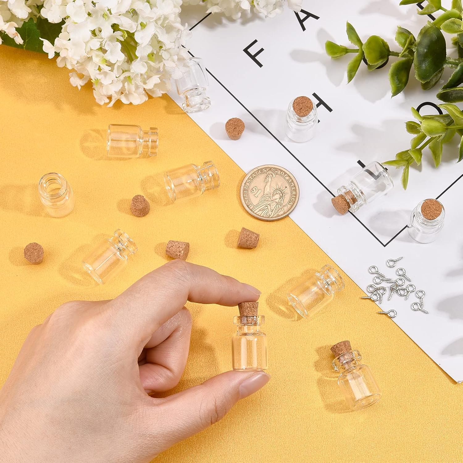 SUNNYCLUE 20pcs Cube Shape Tiny Bottle Charms Clear Glass Mini Wish Bottles Small Potion Bottles with Cork Stopper & 20pcs Eye Pin Peg Bails for Home Party Decor Crafts DIY Jewellery Making - Image 4