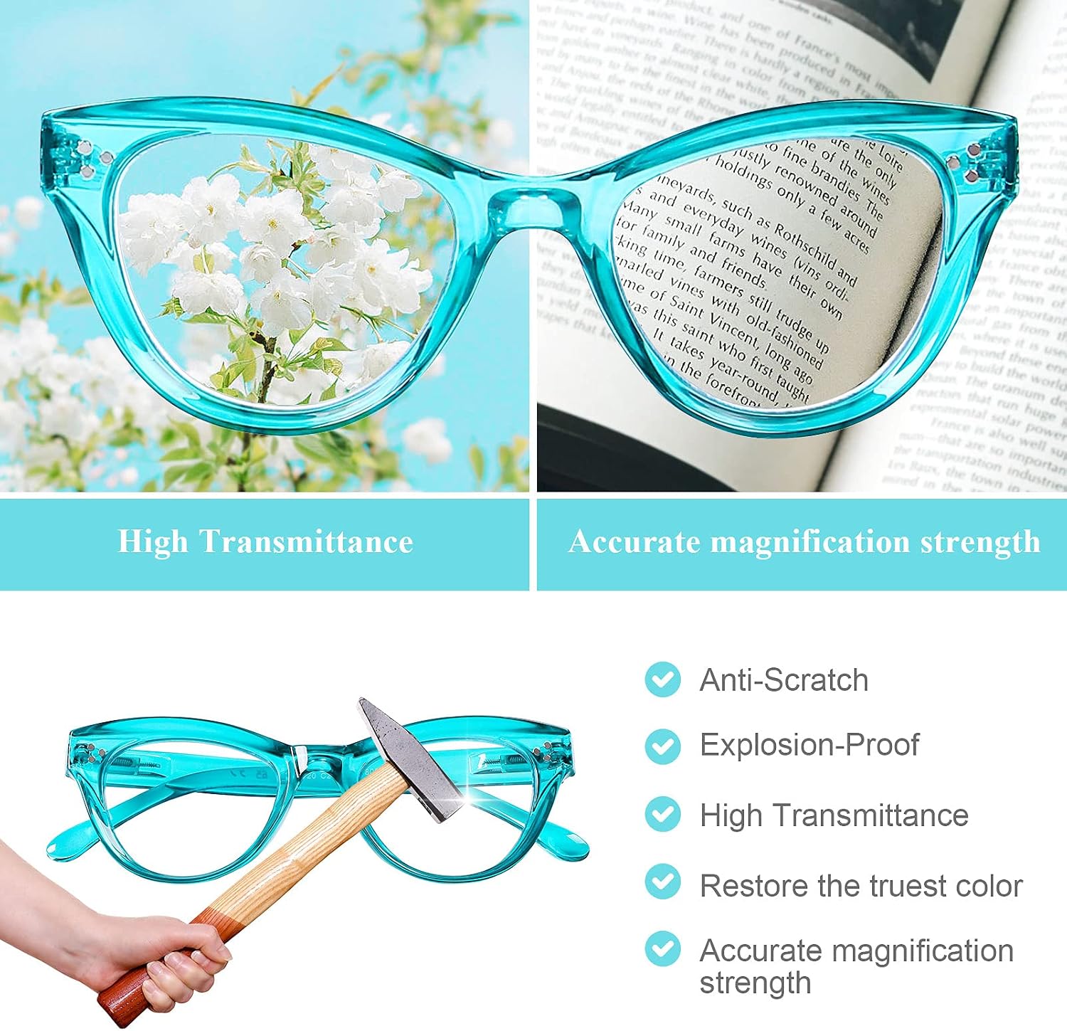 AQWANO Cat Eye Reading Glasses Blue Light Blocking, Fashion Oversized Designer Computer Readers for Women Anti Glare Filter Eyeglasses, Lake Blue 2.5