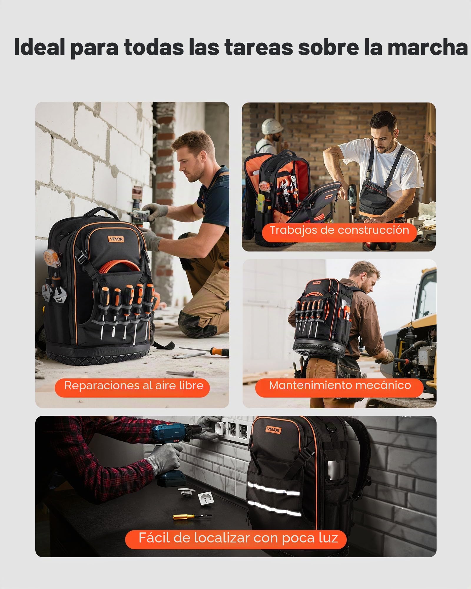 VEVOR Mochila para Herramientas, Mochila de Trabajo 370 x 195 x 520 mm con 65 Bolsillos, Compartimento para Portátil y Base Moldeada, Organizador de Herramientas para Electricistas, Reparadores