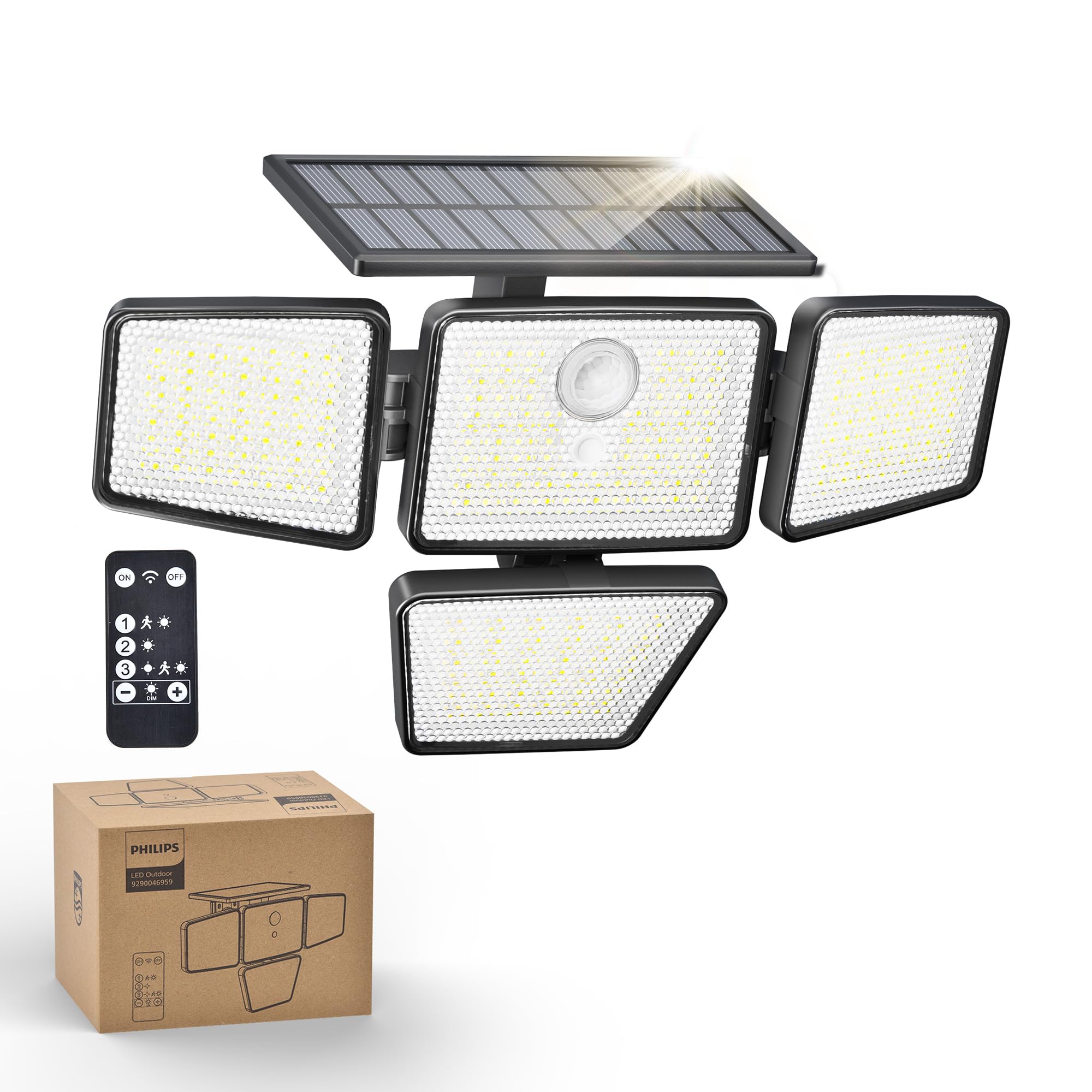 Philips Solarlampen für Außen mit Bewegungsmelder, 196 LED mit PIR-Bewegungsensor, 3 Modi, 4 Verstellbare Lampenköpfe, Solarbetriebene Außenleuchte mit Fernbedienung, IP65 Wasserdicht (1 Stück)