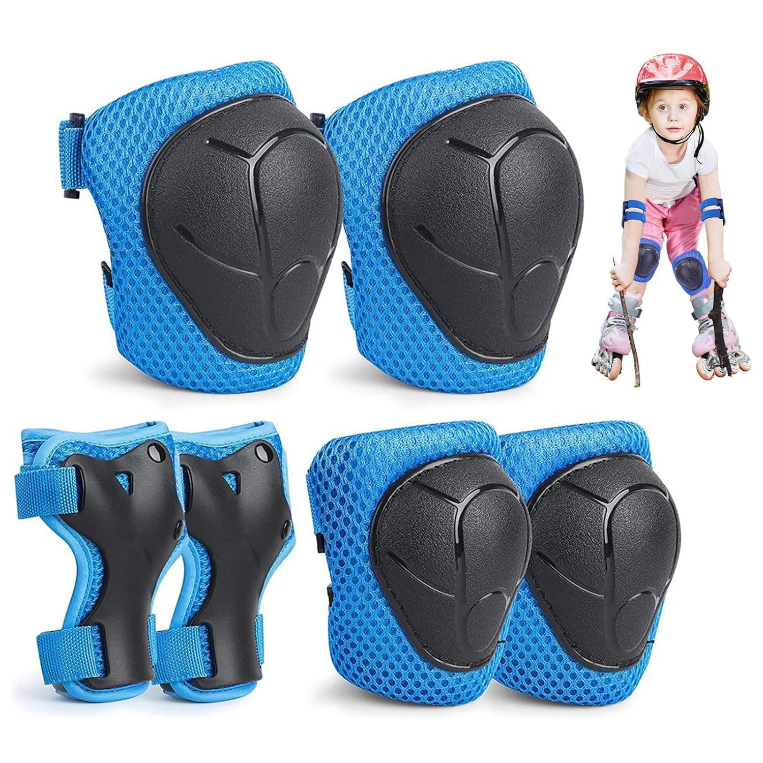 Protezione Kit per Bambini,Protezioni Set per Bambini,Protezioni Skateboard Bambini,Protezioni Pattini Bambina,Adatto ai bambini dai 3 ai 12 anni,per Skate, Bicicletta, Sci, Pattinaggio,Blu
