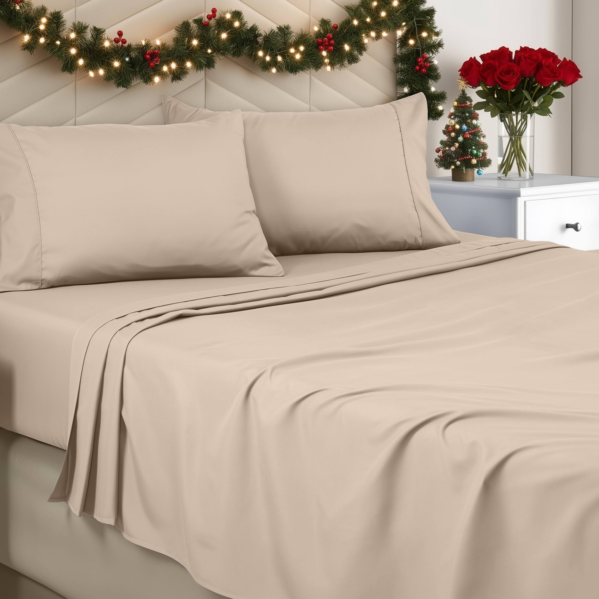 Utopia Bedding King Sheet Set - Brushed Microfiber - Soft Bed Sheets for King Size Bed - Includes 1 Fitted, 1 Flat, & 2 Pillow Cases - Deep Pocket (Beige)