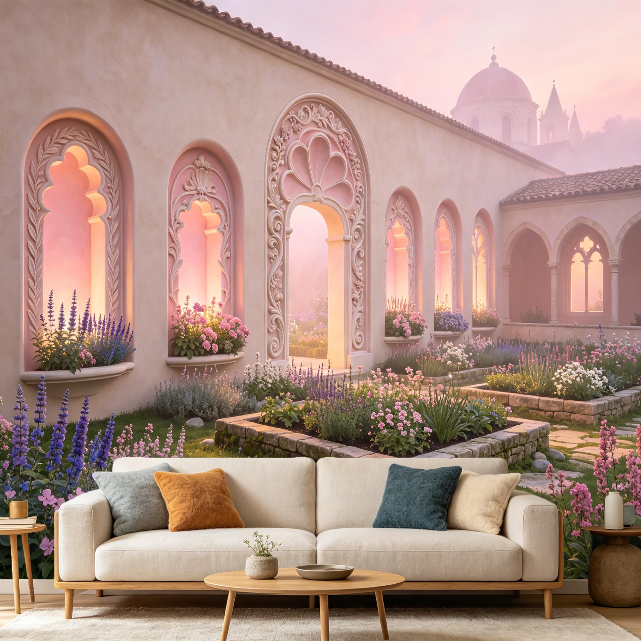 Custom Size Wall Mural， Mediterranean Garden Villa Archway Scenic Landscape， SelfAdhesive Art Prints wall Fabric Removable Large Wallpaper Home Living Room Decor Aesthetic Backdrop