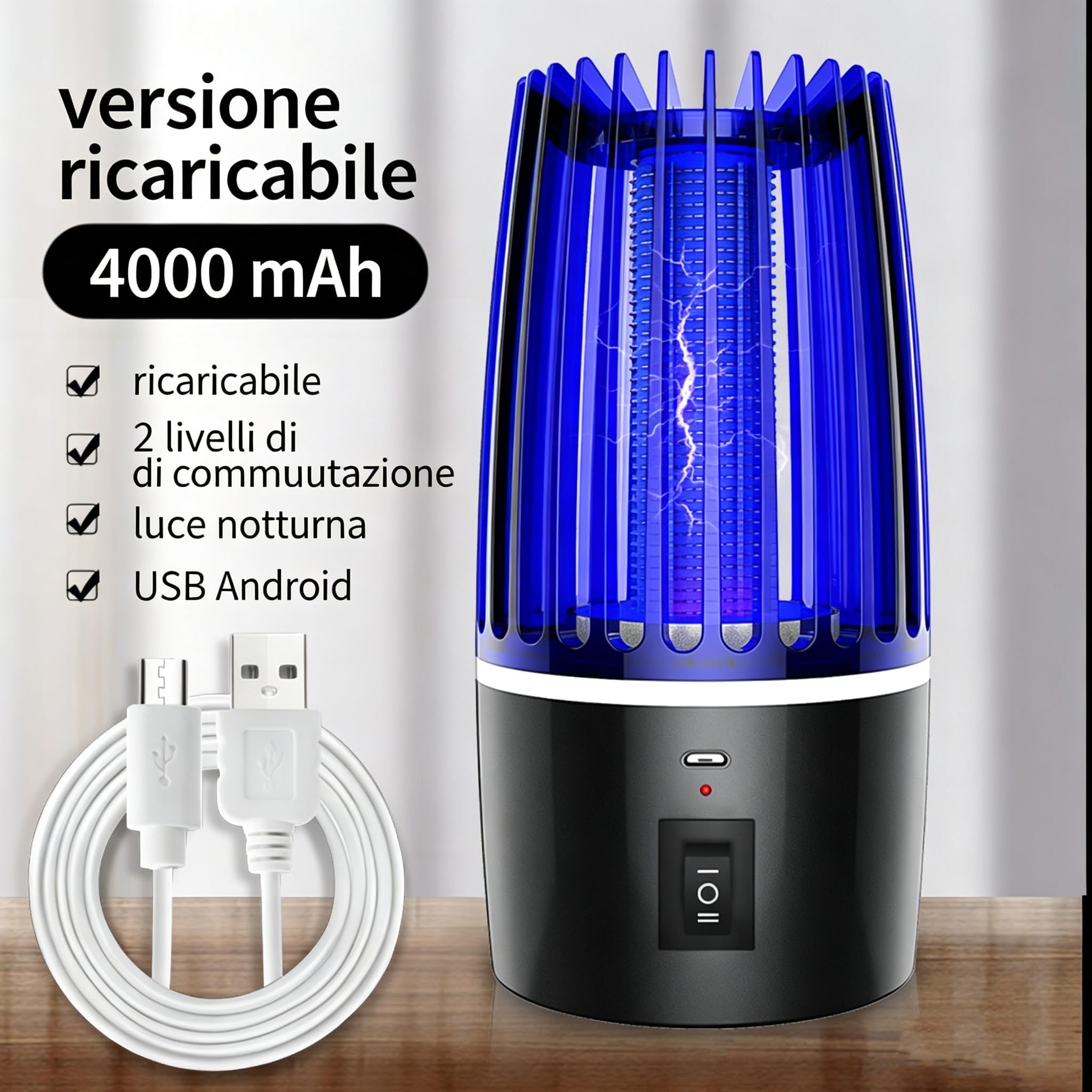 Zanzariera Elettrica 360° UV 365nm, Lampada Antizanzare Ricaricabile 4000mAh USB, Silenziosa <35dB con Luce Notte, Dispositivo Anti-Zanzare Senza Chimici per Interni Esterni