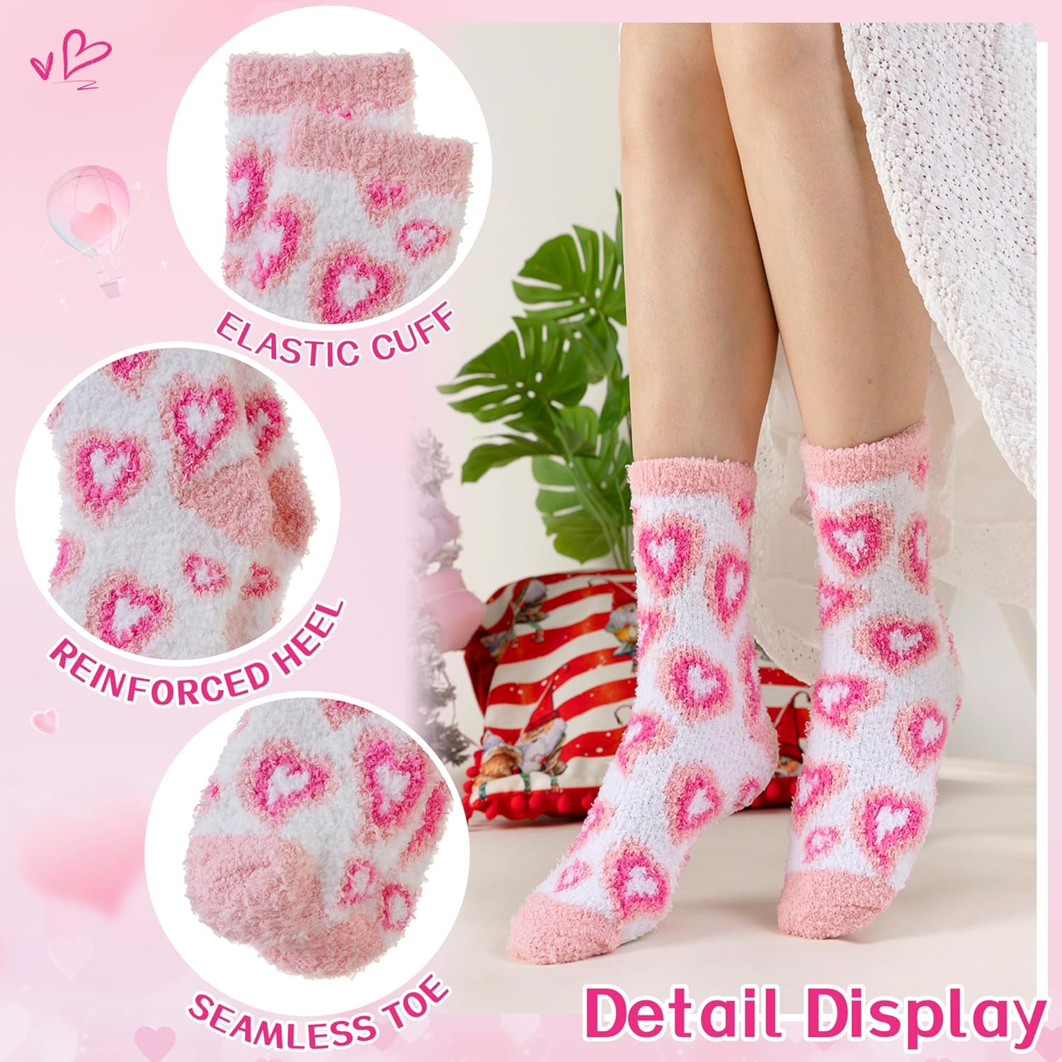WEVIAS Womens Fuzzy Socks Fluffy Cozy Heart Comfy Winter Thick Warm Pink Plush Fleece Sleep Slipper Socks 5 Pairs - Image 5