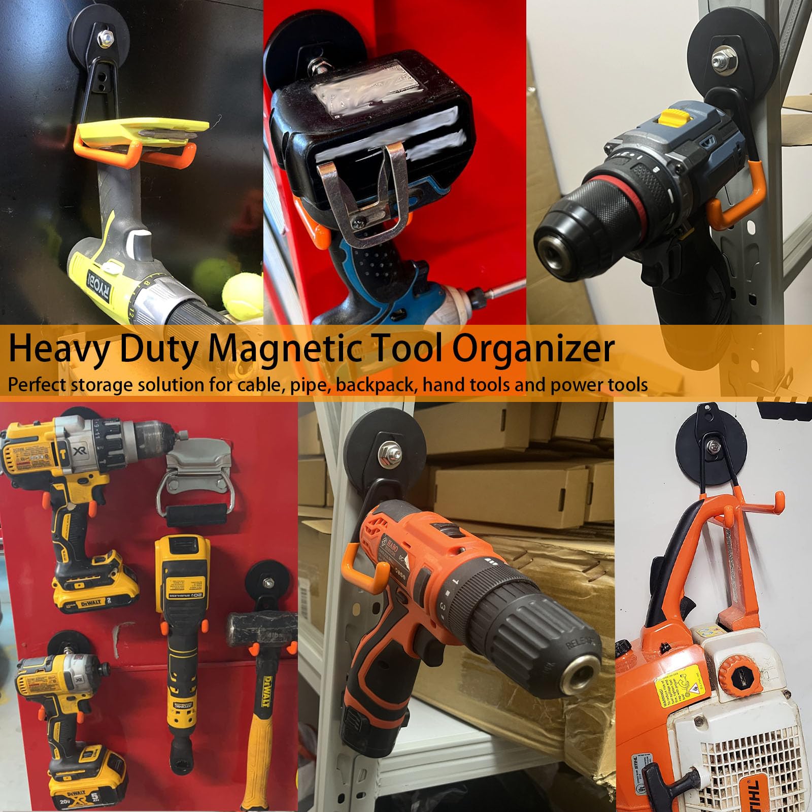 2 ganci magnetici heavy-duty per garage, grandi e potenti, per trapani elettrici, attrezzi da giardino, tubi, pannelli forati – uso interno/esterno