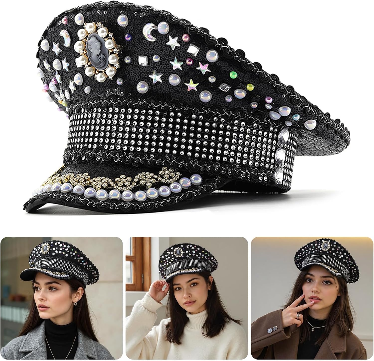Luxurious Crystal Captain Hat for Gras Party Bachelorette Party Headwear Headgear for Club Stage Black