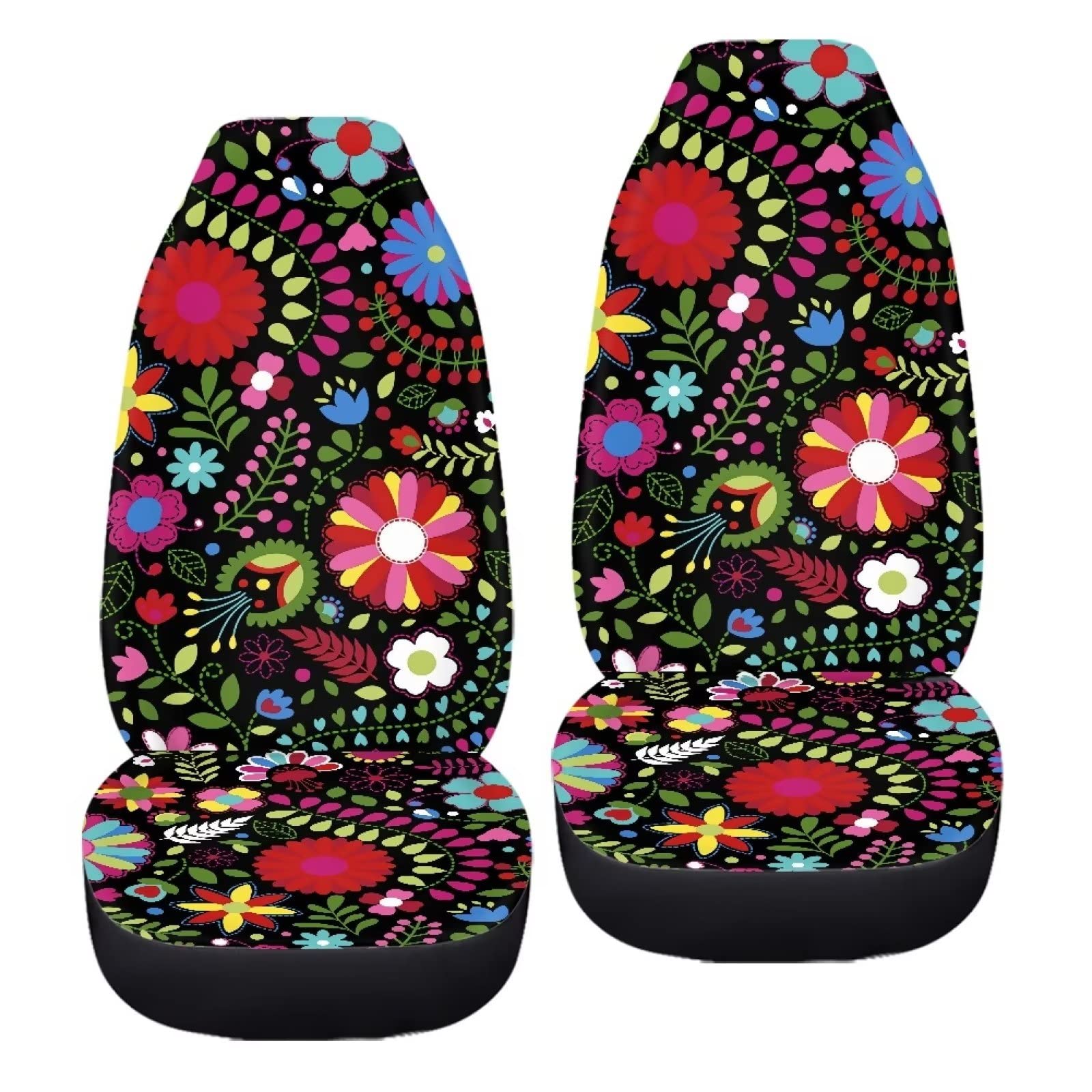 INSTANTARTS Retro Hippie Flower Pattern Universal Car Seat Covers Bucket Front Seat Protector Fit For Most Cars Easy To Intall