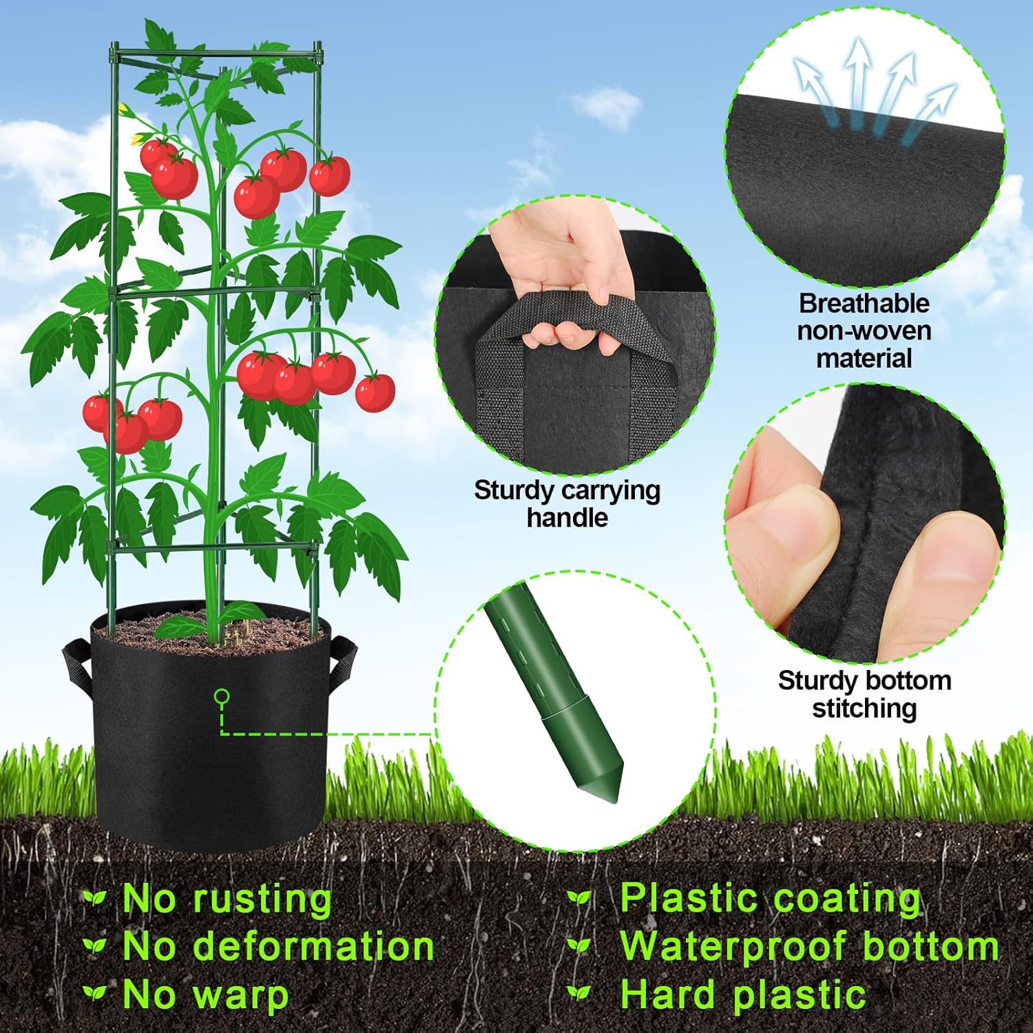 NNG 4 Packs 48 inches Tomato Cages with 10 Gallon Grow Bags,Garden Plant Support Cages,Plant Tower Stakes Garden Trellis for Climbing Plants,Tomato Plant Trellis for Vegetable Fruits Vines (4, Green)