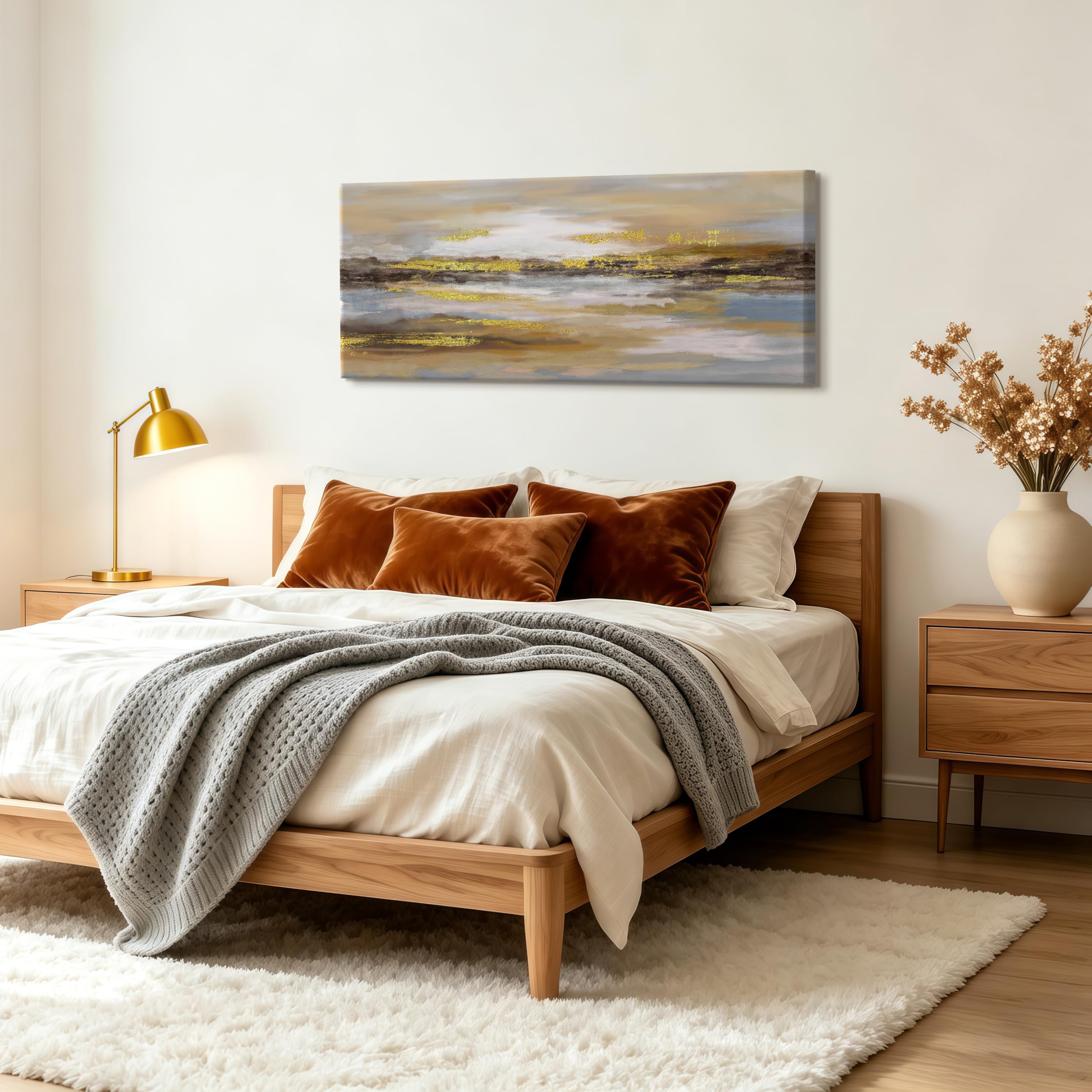 Abstrakt Neutral Großes Leinwand Bilder Mit Rahmen Minimalistisch Goldfarben Braun Bild Auf Leinwand Wandkunst Modern Nordisch Grau Blau Wandbilder Kunstdruck Deko für Wohnzimmer Schlafzimmer 120x50cm