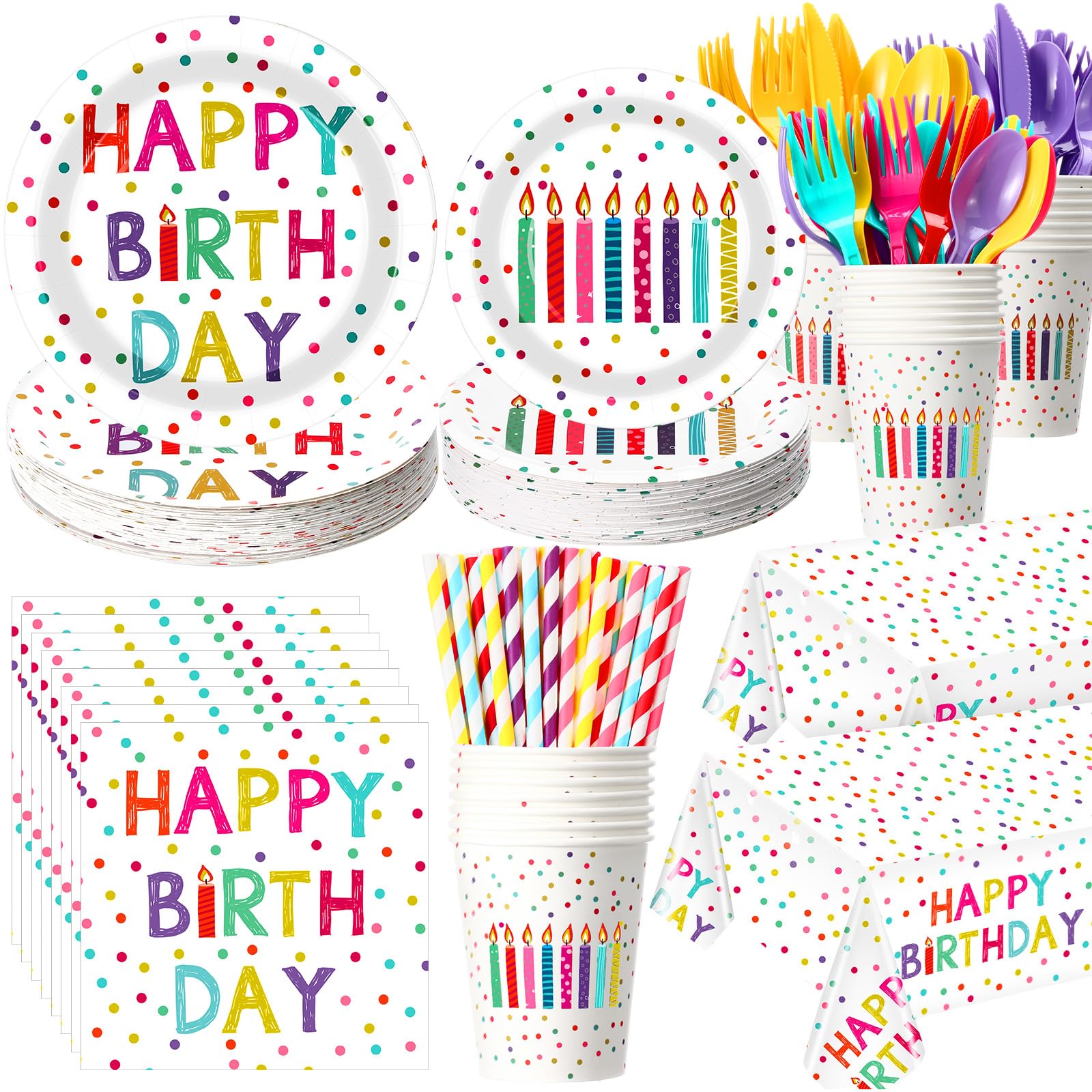 Funnymoom 452 Pcs Happy Birthday Party Decorations Supplies for 50 Guests Birthday Polka Dots Paper Plates Napkins Cups Tablecloth Cutlery for Girls