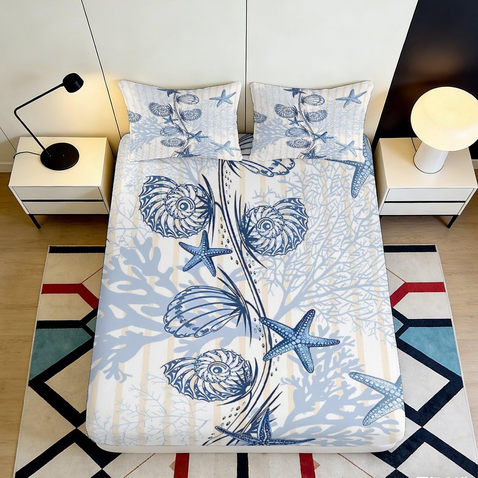 3D Printed Seashell Ocean Fitted Sheet Microfiber Soft Mattress Cover Starfish Coral for Bedroom Guest Room Decor 90x200x25cm