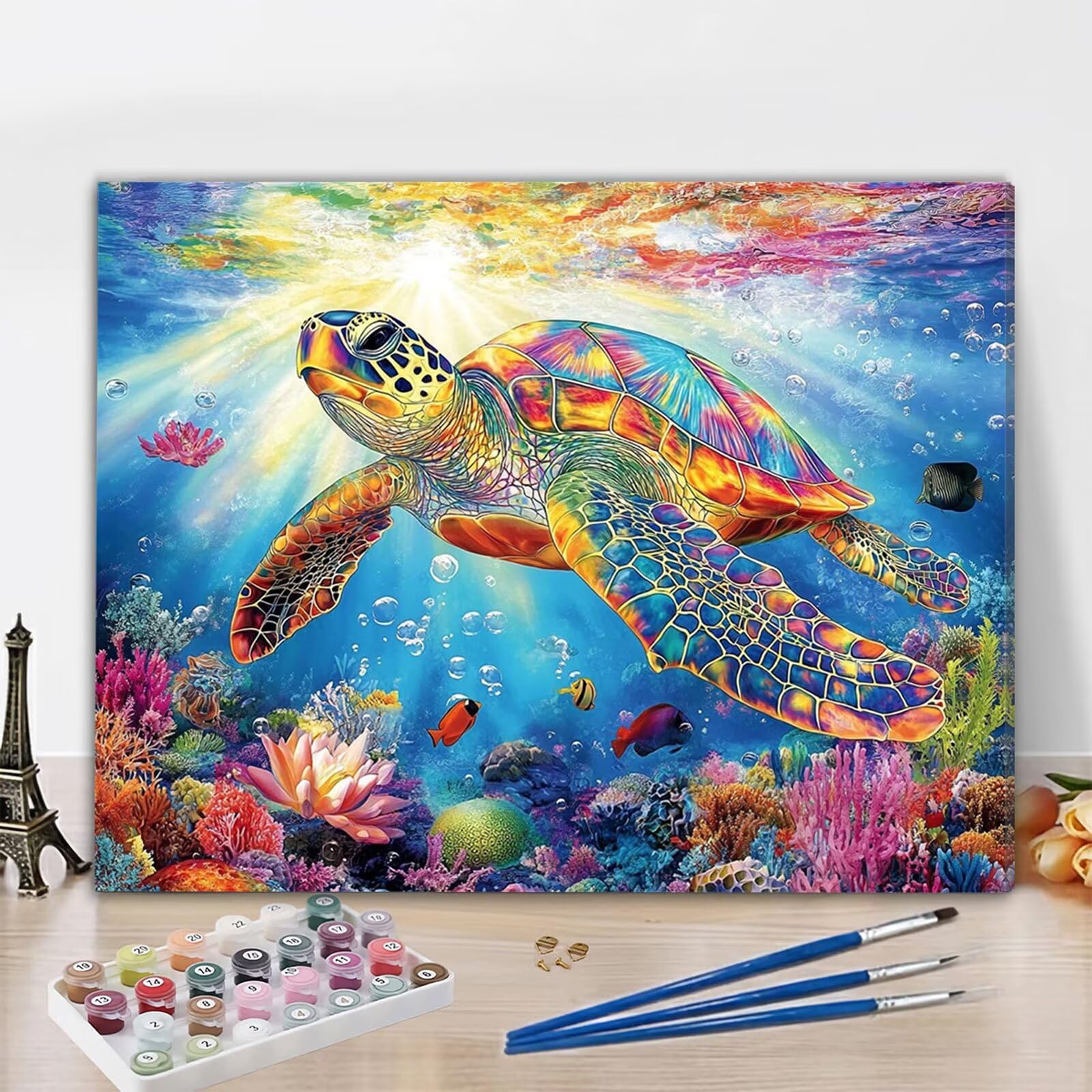 Malowanie według liczb, dla dzieci od 10, żółw, malowanie według liczb, dla dorosłych, duży, 60 x 90 cm, zwierzęta, malowanie liczbami, farby akrylowe, "zrób to sam", obraz olejny na płótnie, zestaw