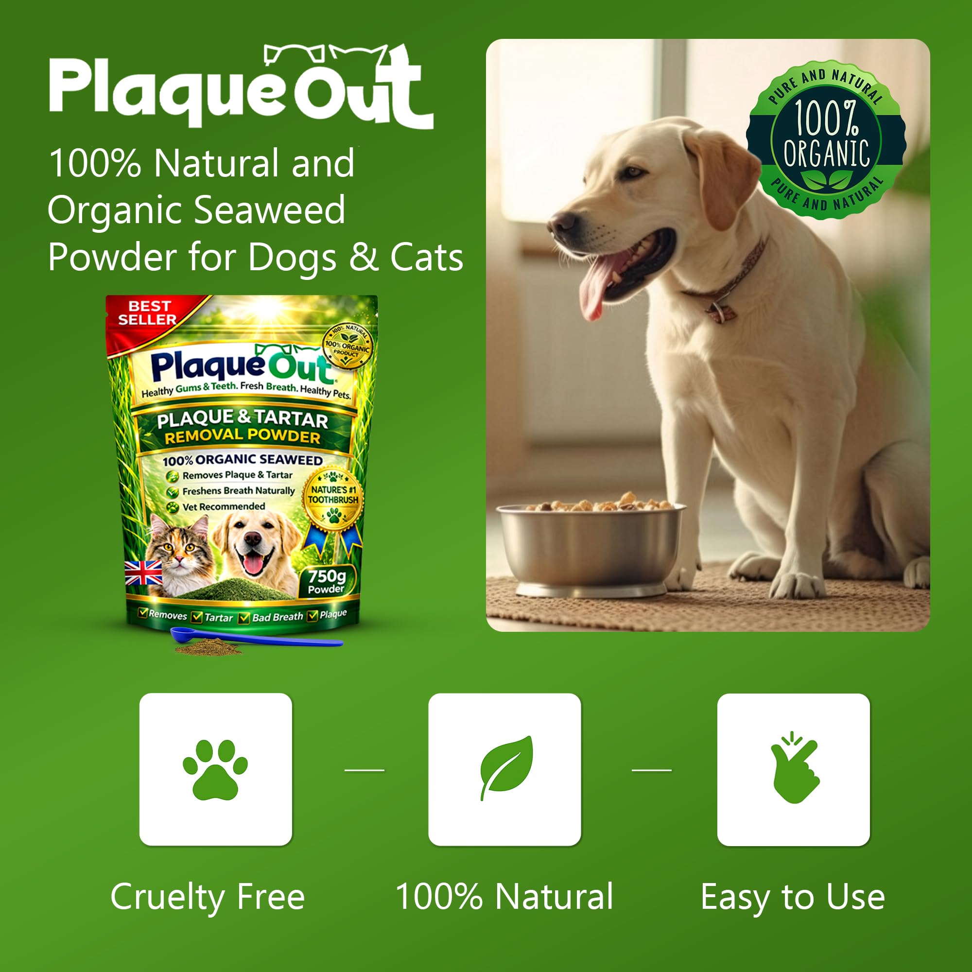 PLAQUE OUT Extractor de placa de sarro en bolsa, 100 % natural y orgánico, cuidado de las encías de los dientes del mal aliento para perros y gatos (750 g)
