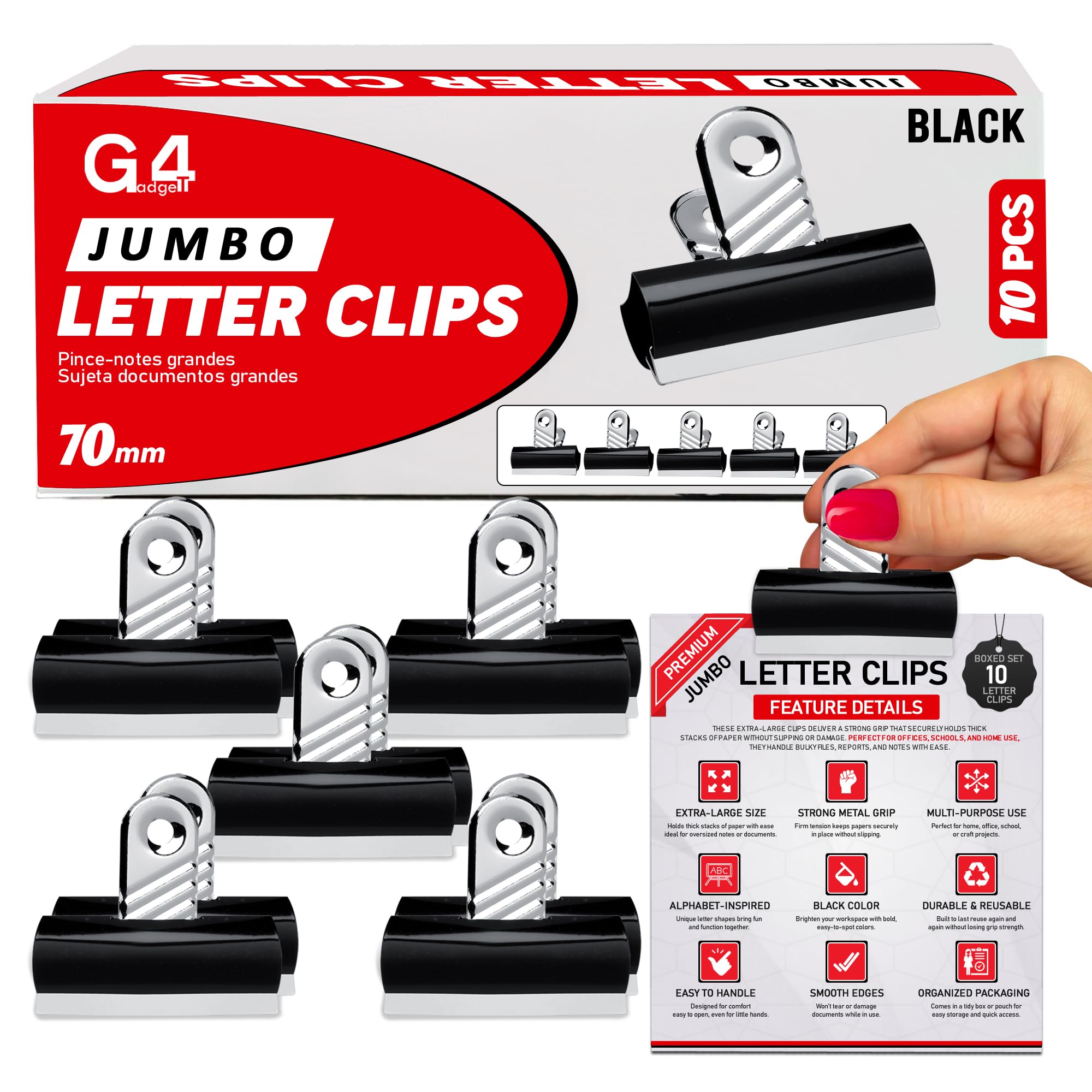 G4GADGET Pack of 10 Jumbo Black Bulldog Clips 70mm – Heavy-Duty Metal Binder Clips – Strong Grip Paper Clips for Office, School & Home – Ideal for Securing Documents & Files