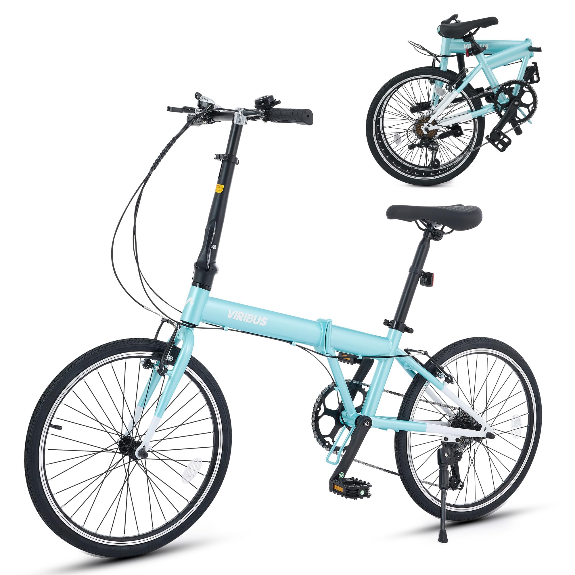 Viribus Folding Bike, Foldable Bicycle for Adults 20 inch with 7 Speed Derailleur, Lightweight City Commuter Collapsible Bike Men Women, Fold Up Bicycle Mint