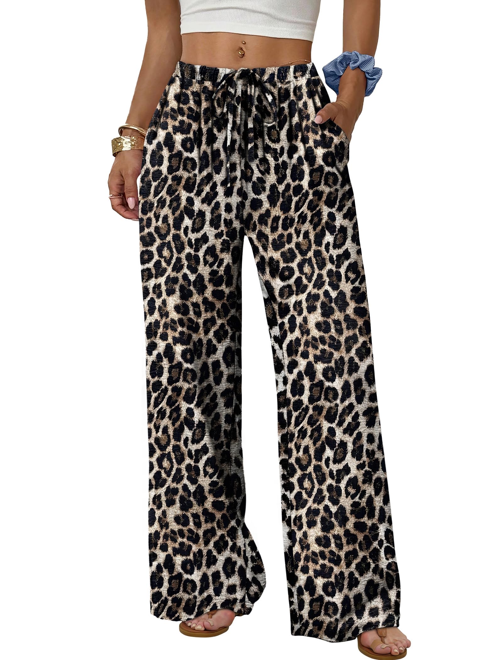 Sampeel Wide Leg Pants for Women Flowy Palazzo Drawstring Elastic Waist Trousers with Pockets Summer Beach Vacation Clothes — view 15