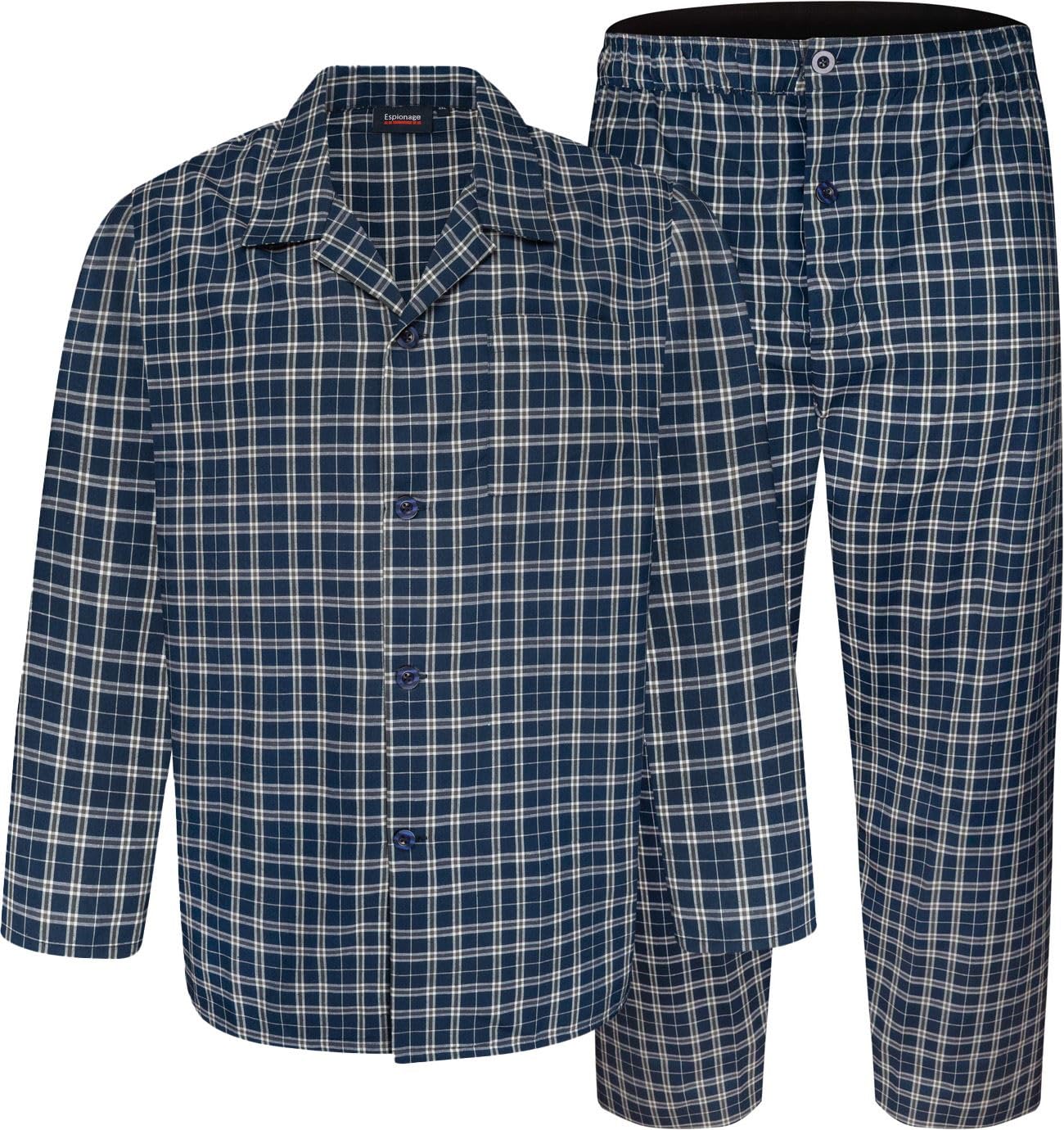 Espionage Check Pyjamas Long Sleeve Pyjama Set Mens Yarn Dyed 2XL-8XL PJ156 (UK, Alpha, 4XL, Plus, Regular, Navy/Check)