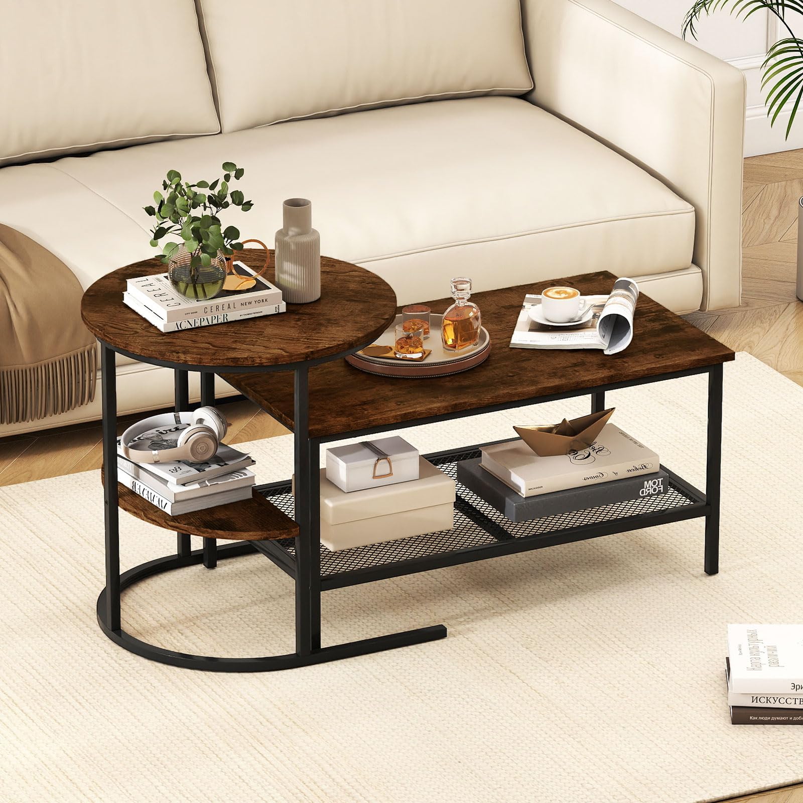 COSTWAY Juego de Mesa de Café 2 en 1, Mesa Redonda y Juego de Mesita Rectangular con Tapa de Mármol Sintético y Estante de Almacenamiento Adicional, para Sala de Estar, Dormitorio (Negro y Marrón)