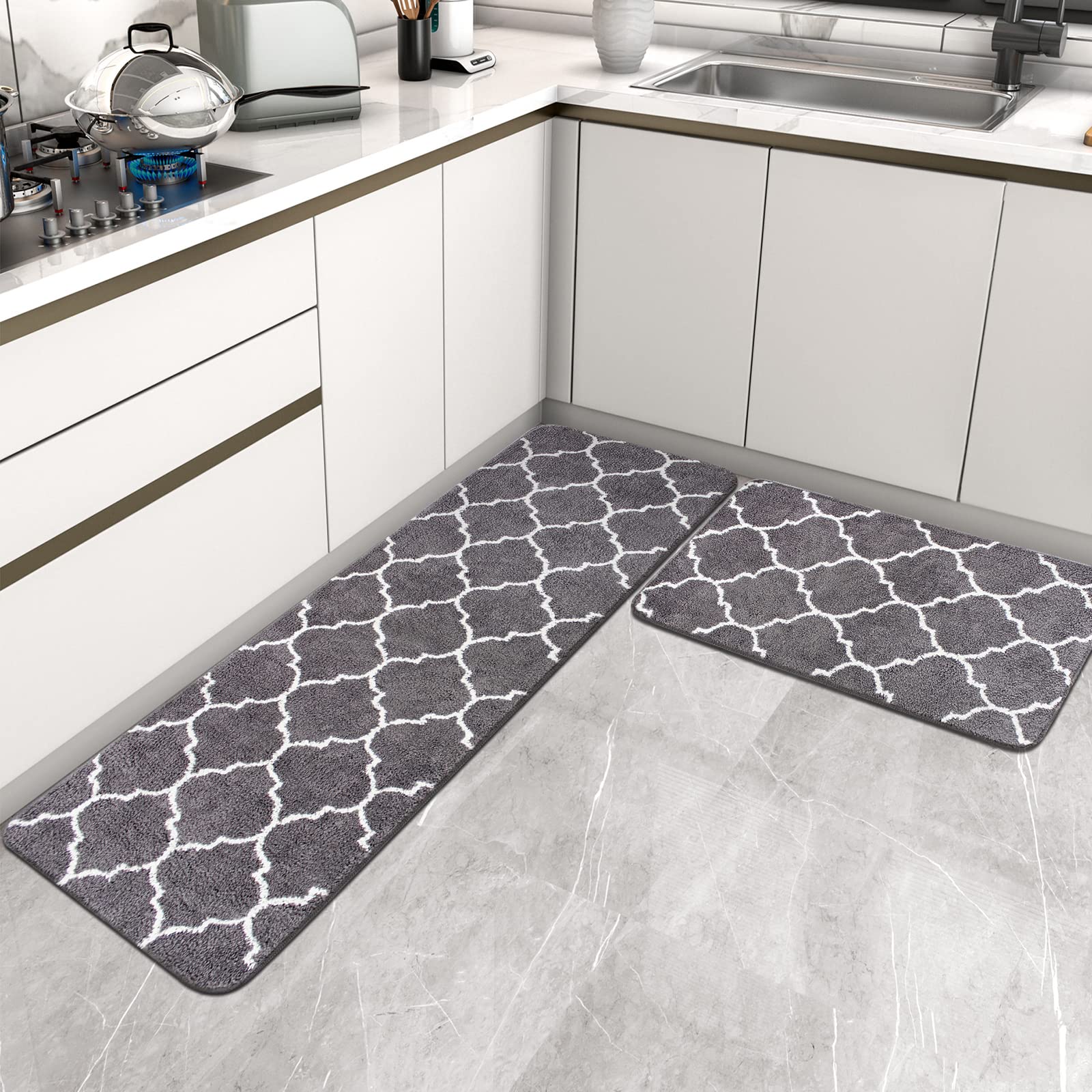 BAIRUI 2 Piece Kitchen Rugs and Mats Non Skid Washable Kitchen Runner Carpet Set Moroccan Super Absorbent Soft Microfiber Kitchen Mat for Floor Bathroom Laundry Office (Gray, 48"X17"+24"X17")