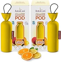AuraCam Gold Standard Camphor Pod Cone (Citrus) - Set of 2 - Pod Air freshener For Room, Car, Bathroom, Office & Toilet | Long-Lasting Cone for Home