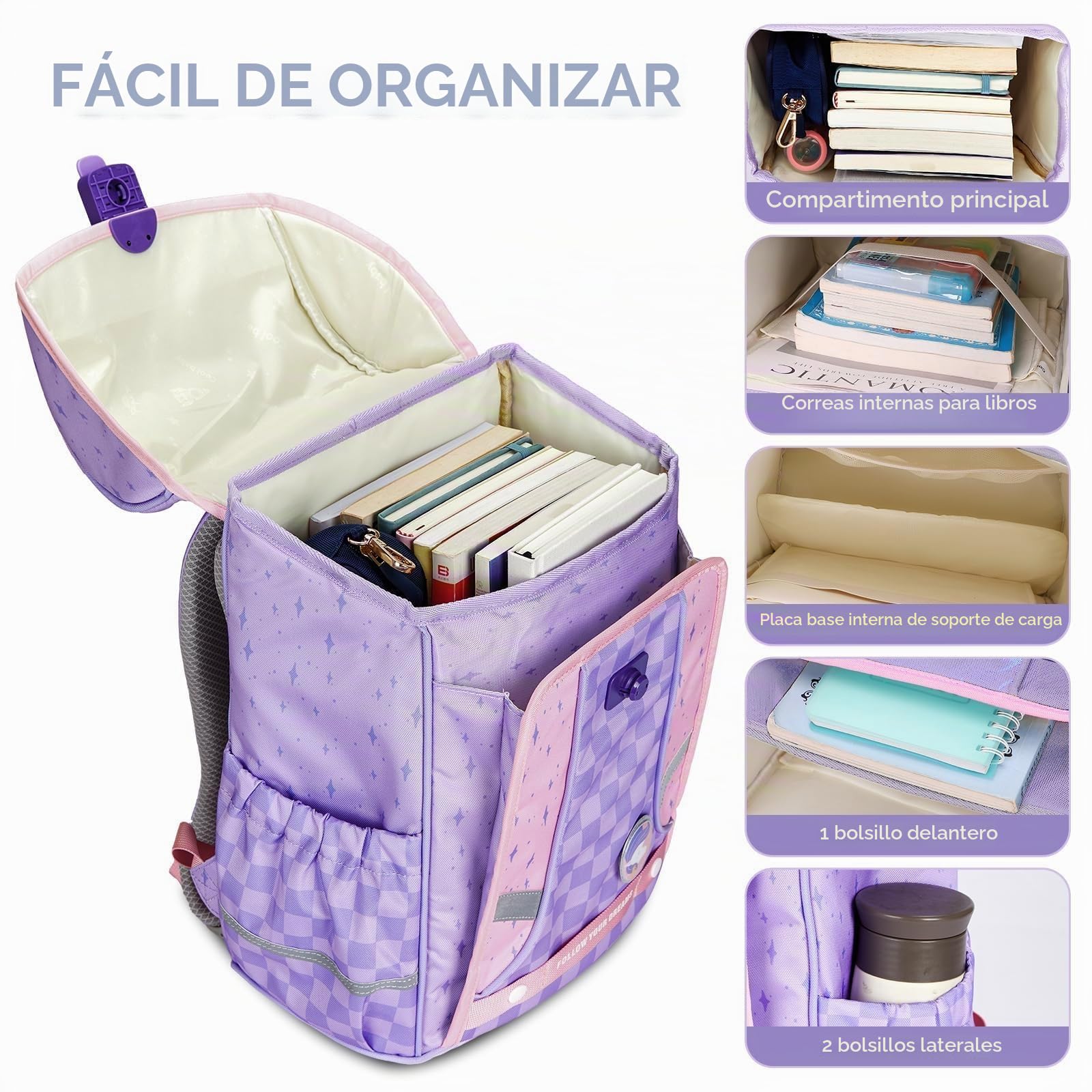 Amythe Mochila Ergonómica Niña 1°-5° Primaria Correa Pecho | Mochila Escolar Niños 6-10 Años Cinturón Desmontable Reflectante 24L Morado