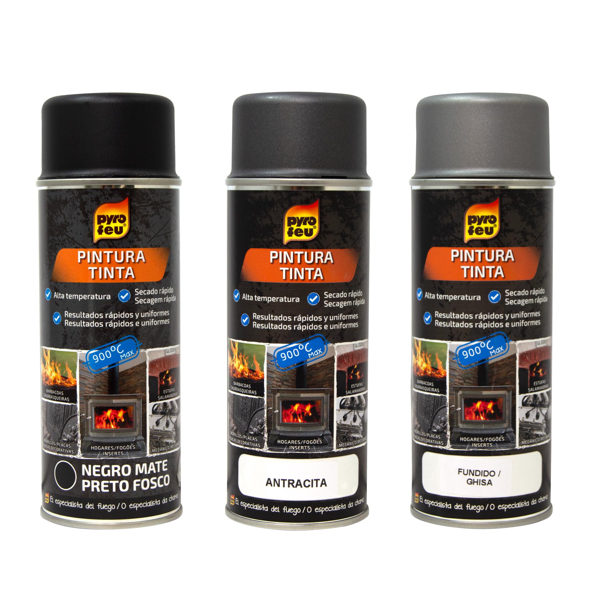 Pyro Feu - Peinture Haute Température Noire Mat - Résiste Jusqu’à 900°C - Rénovation Poêle, Insert, Plaques, Chenets, Barbecues, Fours, Pièces Mécaniques - 400ml (Lot de 2)