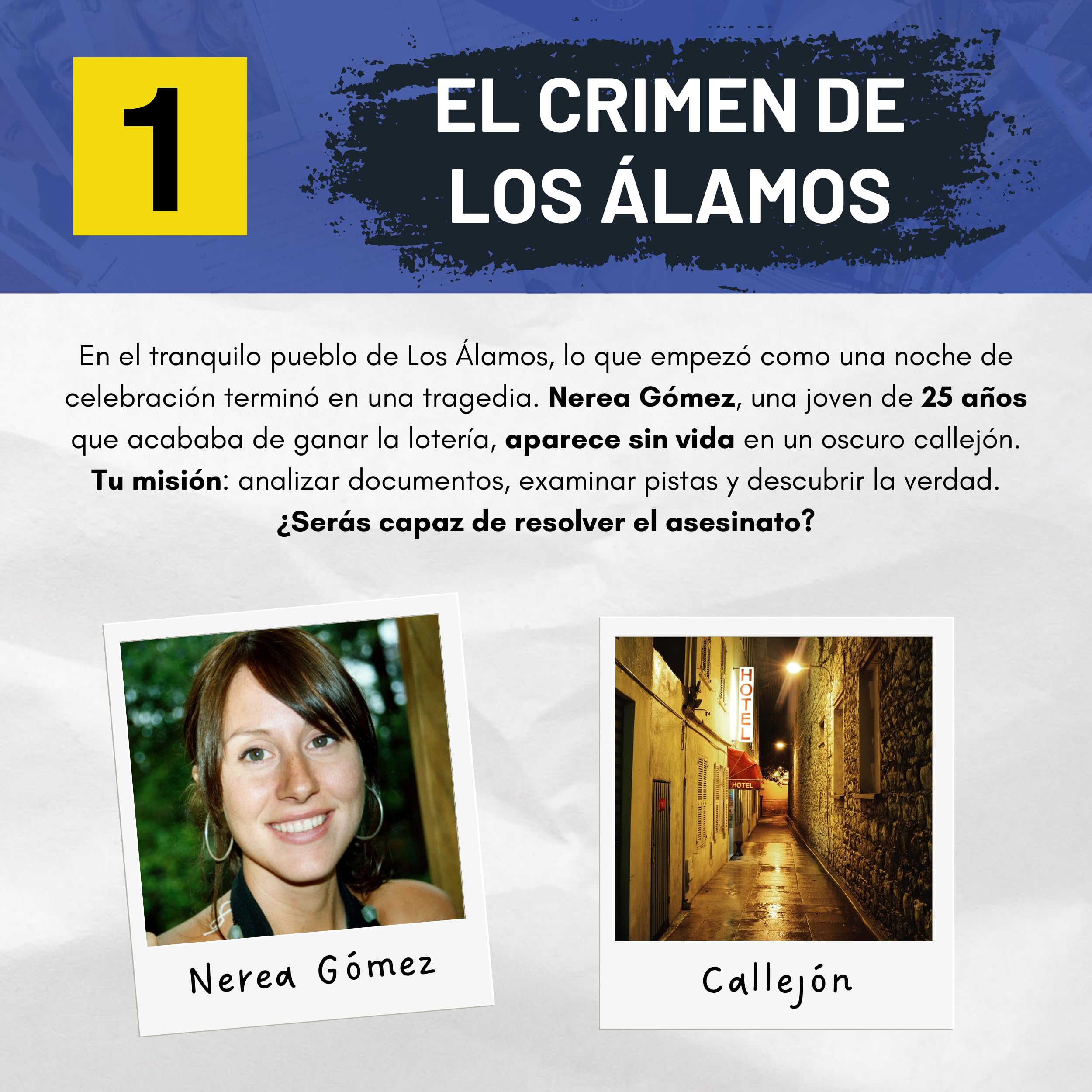 Caso 1: El Crimen de Los Álamos. Juegos de Mesa Adulto, Caso Policial para Resolver Misterio en Casa, Escape Room Juego de Mesa Resuelve el Crimen como Detective.