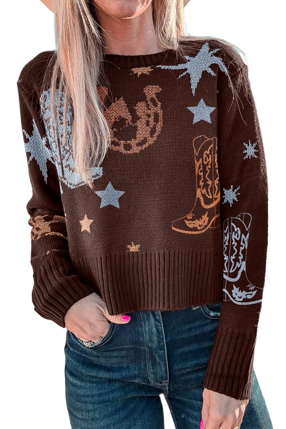SELINK Womens Western Cowgirl Pullover Sweater Tops Casual Fashion Print Long Sleeve Round Neck Daily Sweater