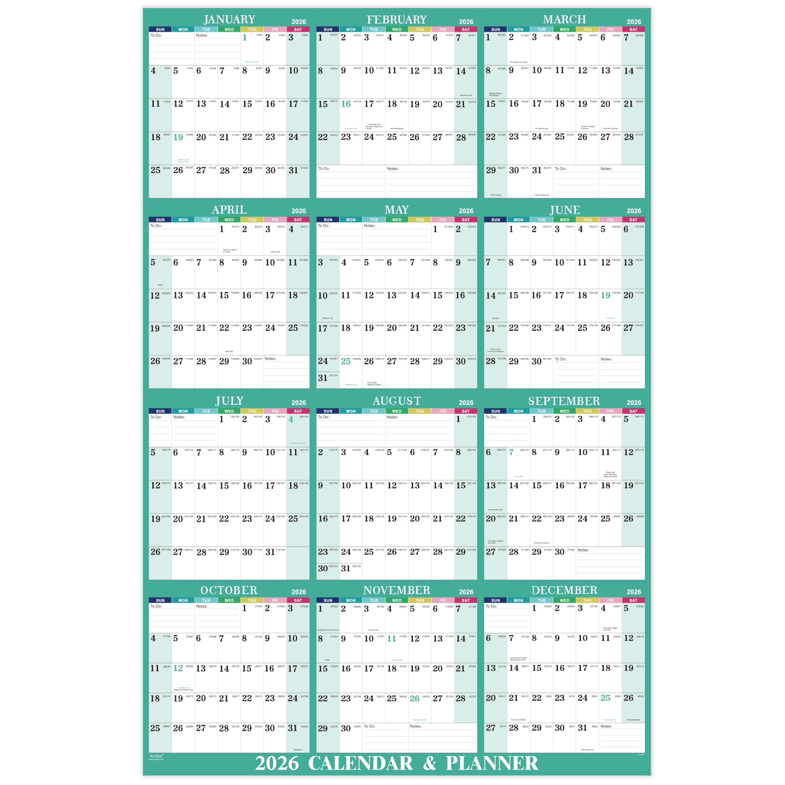 2025年 年間壁掛けカレンダー - 2025年1月から2025年12月までの年間壁掛けカレンダー 35インチ x 22.8インチ、整理用1ページ - カラフルな塊