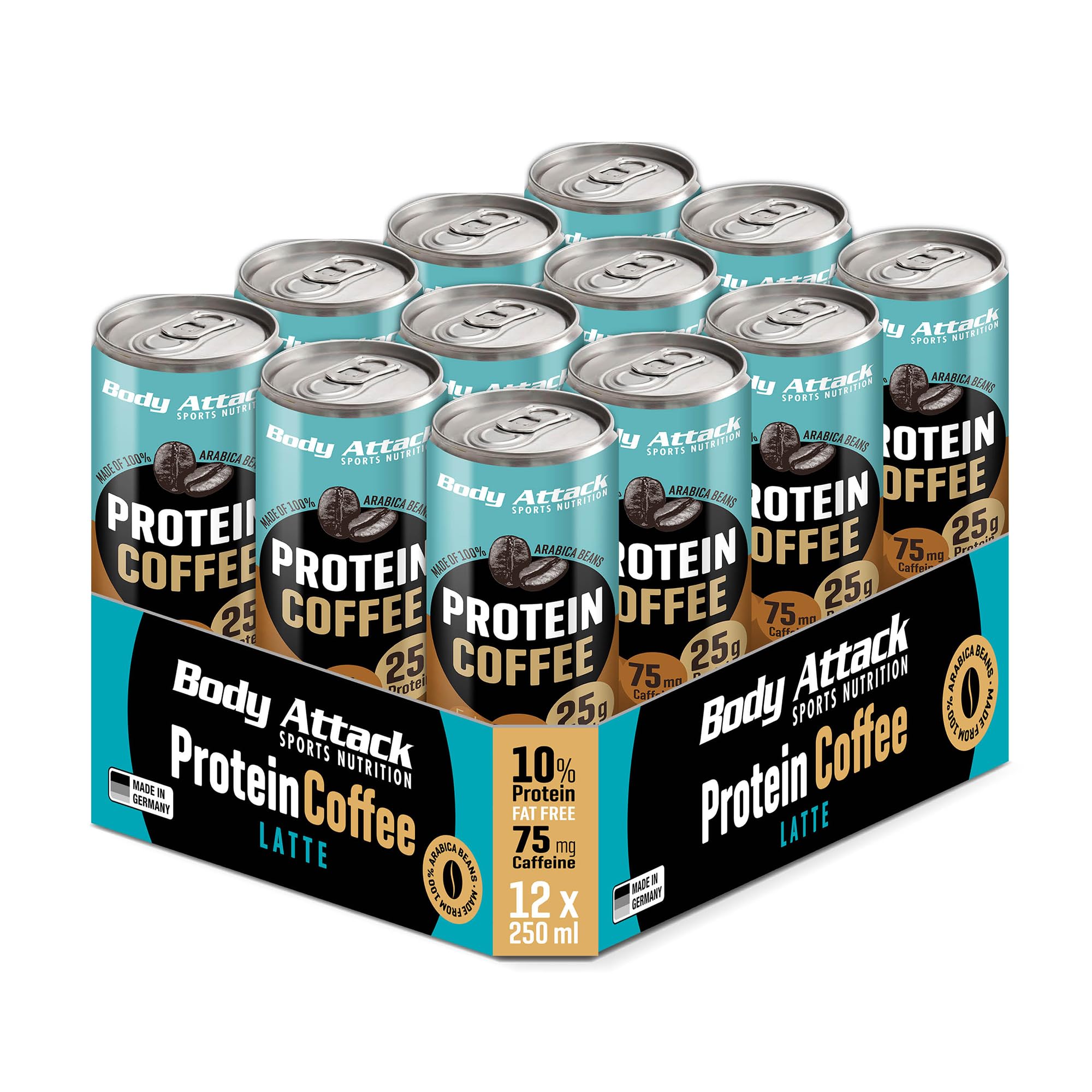 Body Attack Protein Coffee – Coffee Latte, 12 x 250ml (inkl. Pfand) - Protein Eiskaffee - erfrischender Eiskaffee fettarm mit 25 g Eiweiß, 75 mg Koffein - aus 100% Arabica Kaffeebohnen | Protein Eiskaffe, erfrischender Eiskaffee fettarm mit 25 g Eiweiß, 7