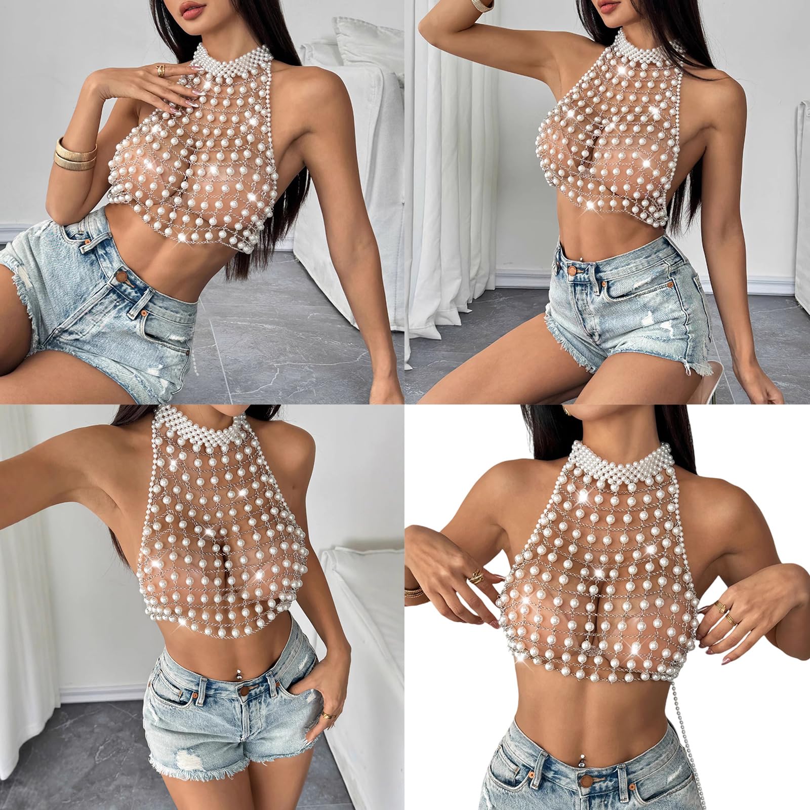 Collana a catena per il corpo di perle multistrato petto festival raves imbracatura accessori gioielli per le donne reggiseno di perle